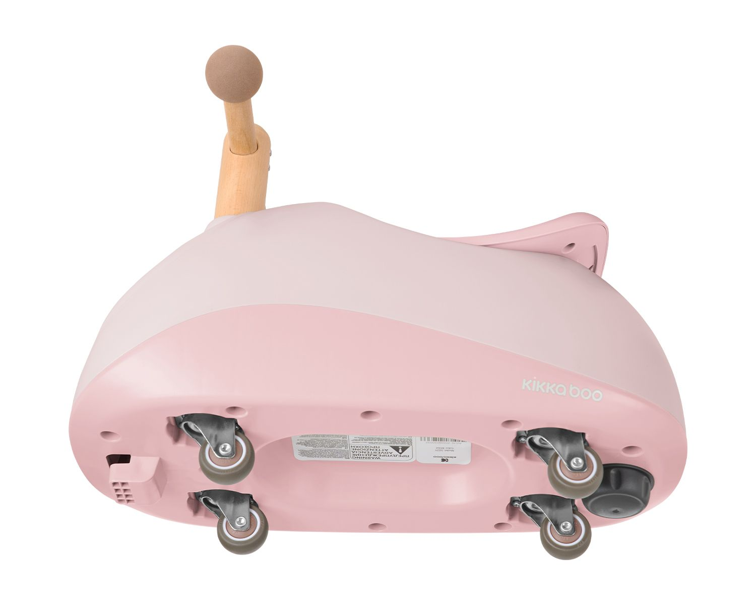 Ein rosa Spielzeugauto von unten, mit vier Rädern und dem Markennamen 'kikka boo'.