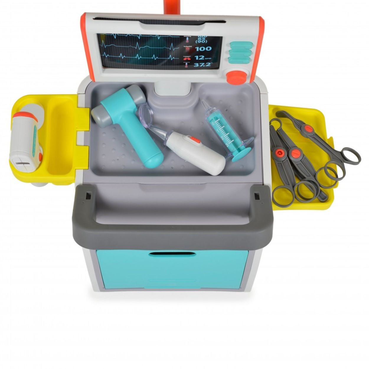Kit médico de juguete con herramientas: estetoscopio, martillo, jeringa, tijeras y monitor encima.