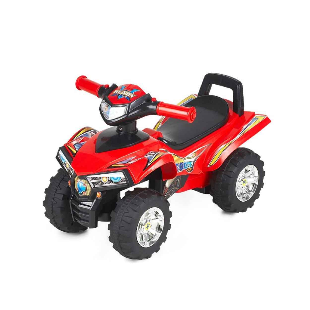 Rotes ATV-Spielzeug mit schwarzen Rädern. Schwarzer Sitz, Lenker und Frontlichter. Weißer Hintergrund.