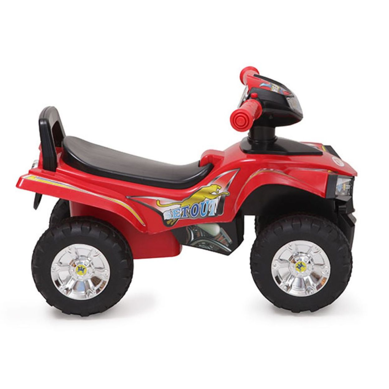 Ein rotes Spielzeug-ATV mit schwarzen Rädern und schwarzem Sitz, isoliert auf Weiß.
