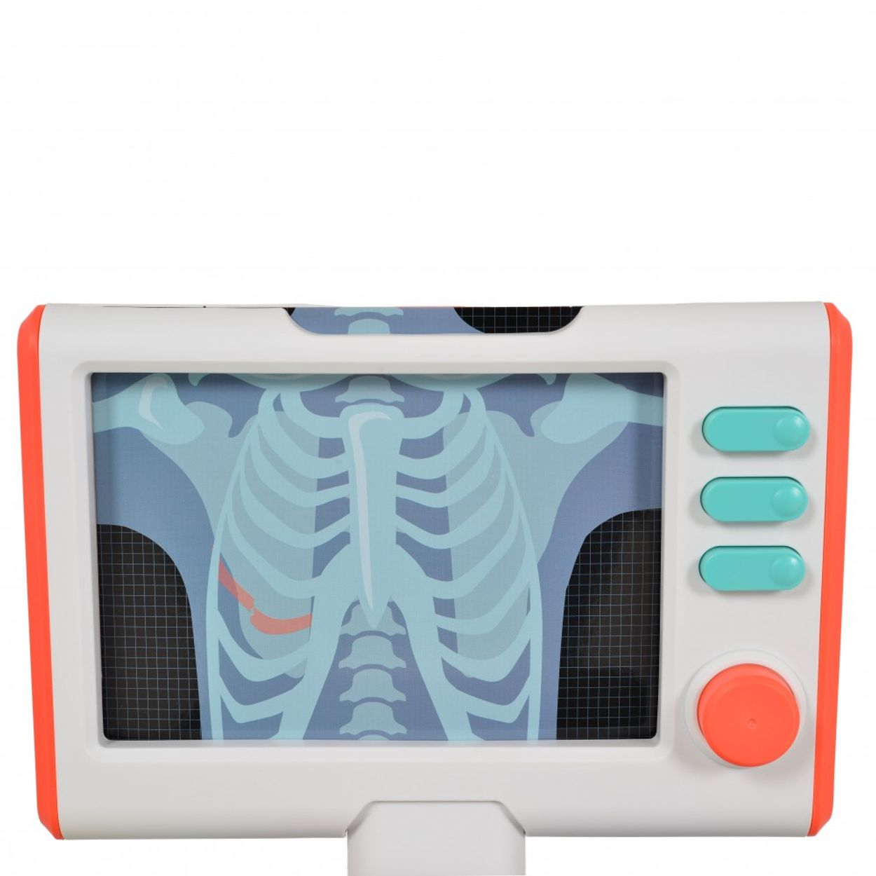 Un juguete infantil de rayos X. Es blanco y naranja con una imagen de rayos X azul de un esqueleto.