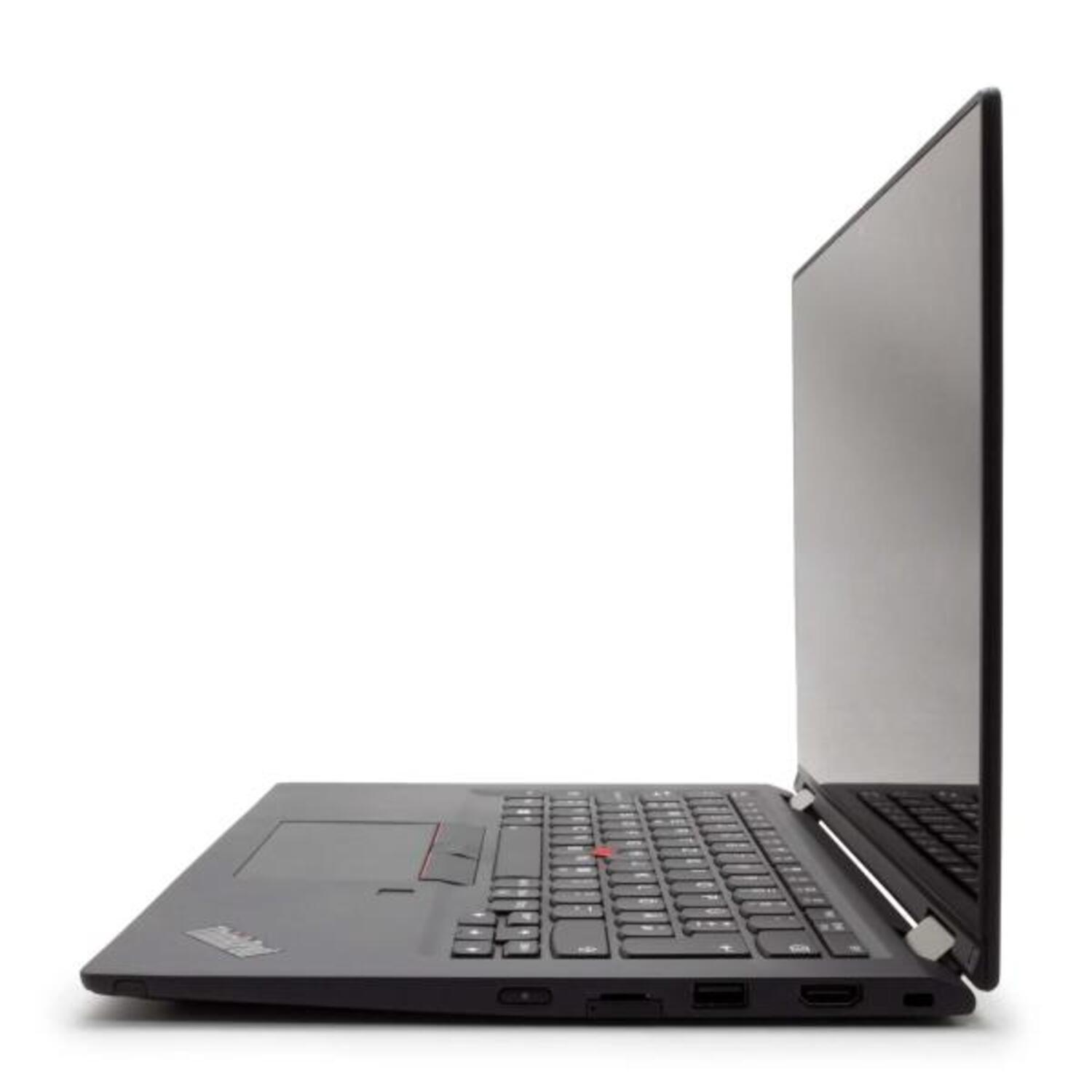 Schwarzer Laptop im Profil. Der Bildschirm ist geöffnet und zeigt einen weißen Hintergrund.