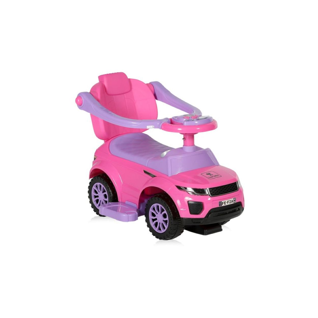 Coche de juguete rosa para montar. Tiene un asiento, volante y respaldo. Acentos morados.