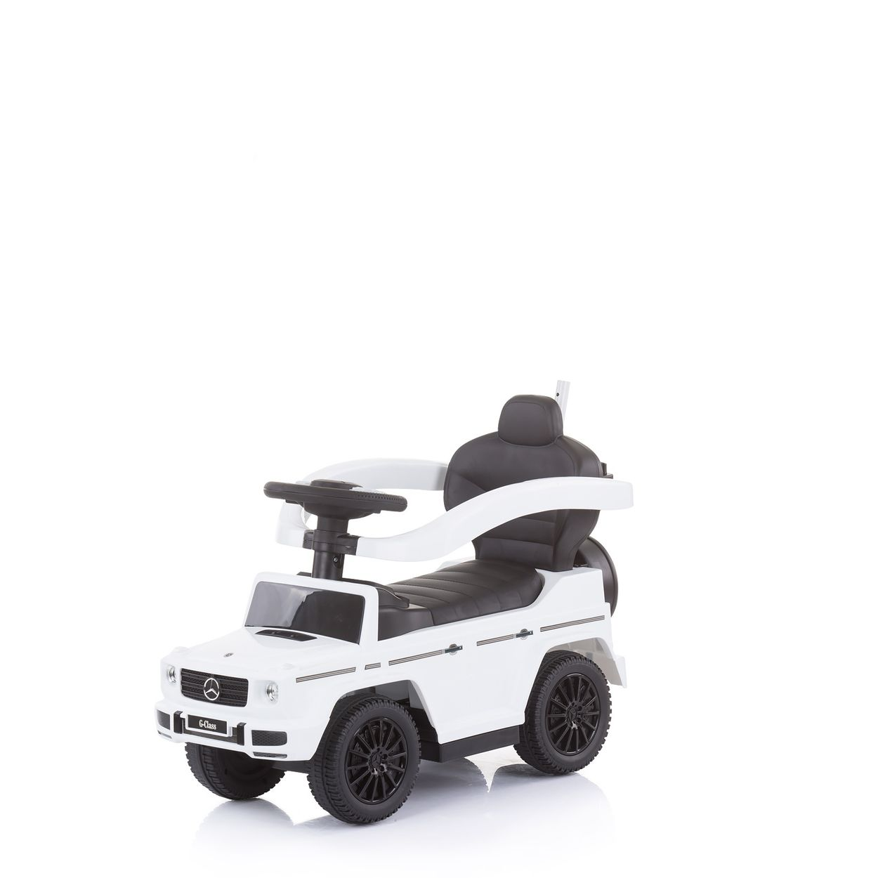Ein weißes Spielzeugauto mit schwarzem Sitz. Es sieht aus wie ein Mercedes-Benz G-Klasse SUV und hat schwarze Reifen.