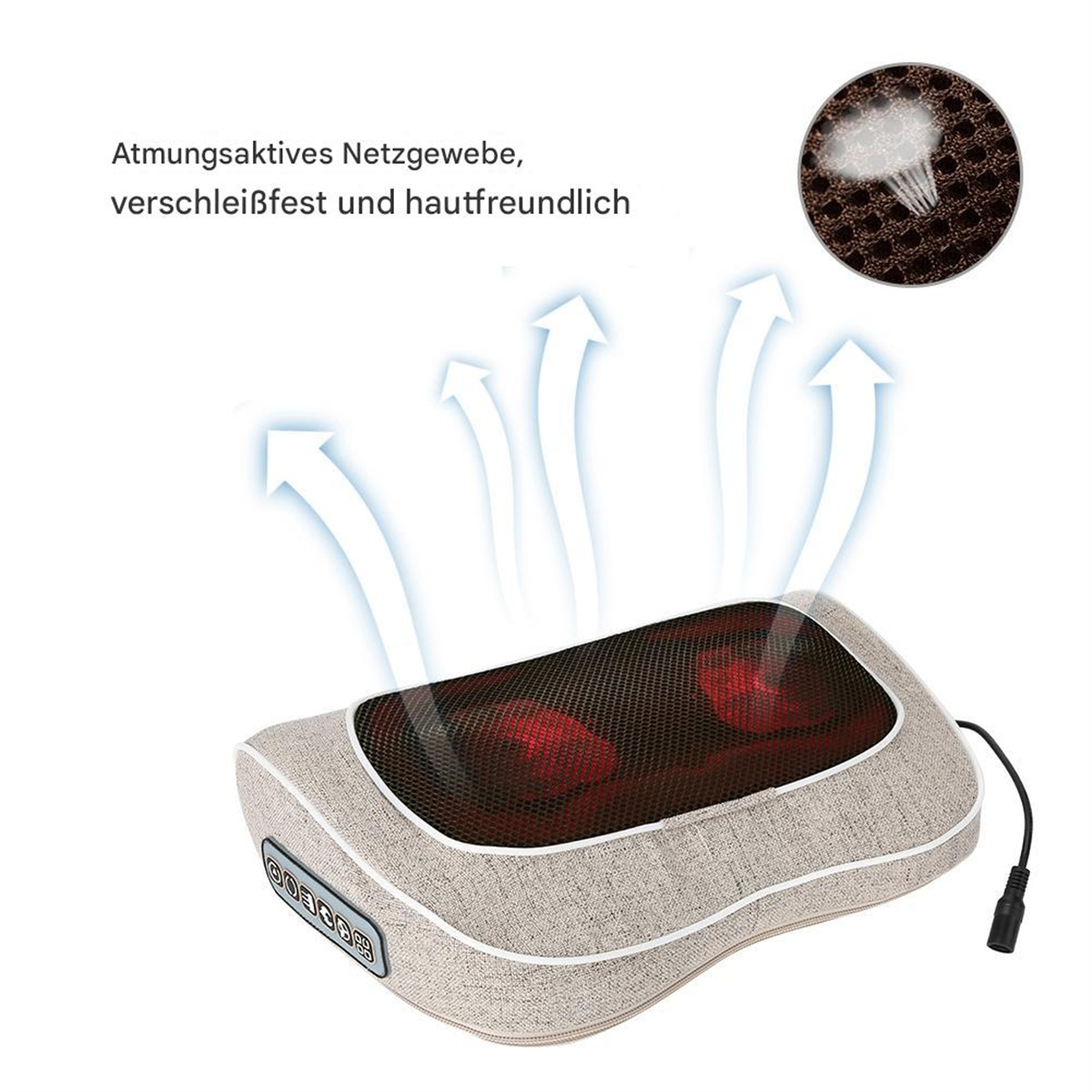 Beiges Massagekissen mit Text. Pfeile zeigen vom Kissen weg. Weißer Hintergrund.