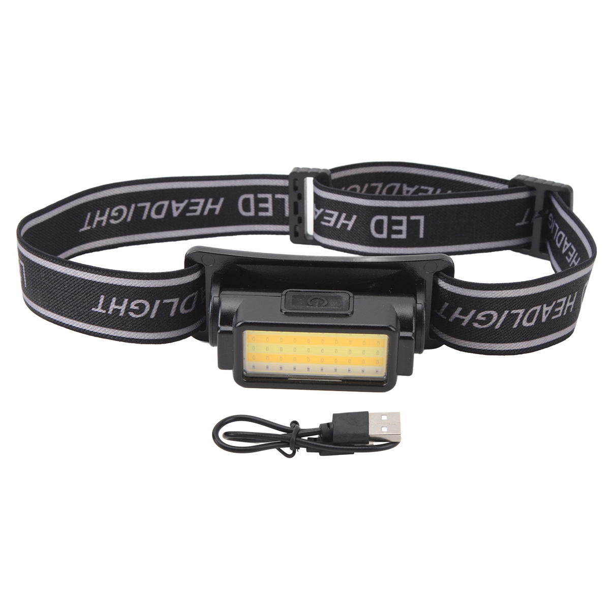 Eine schwarze LED-Stirnlampe mit Gurt und USB-Ladekabel.