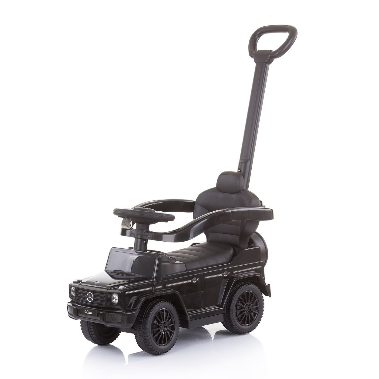 Schwarzes Spielzeugauto mit Griff. Es hat schwarze Räder und ein Lenkrad.