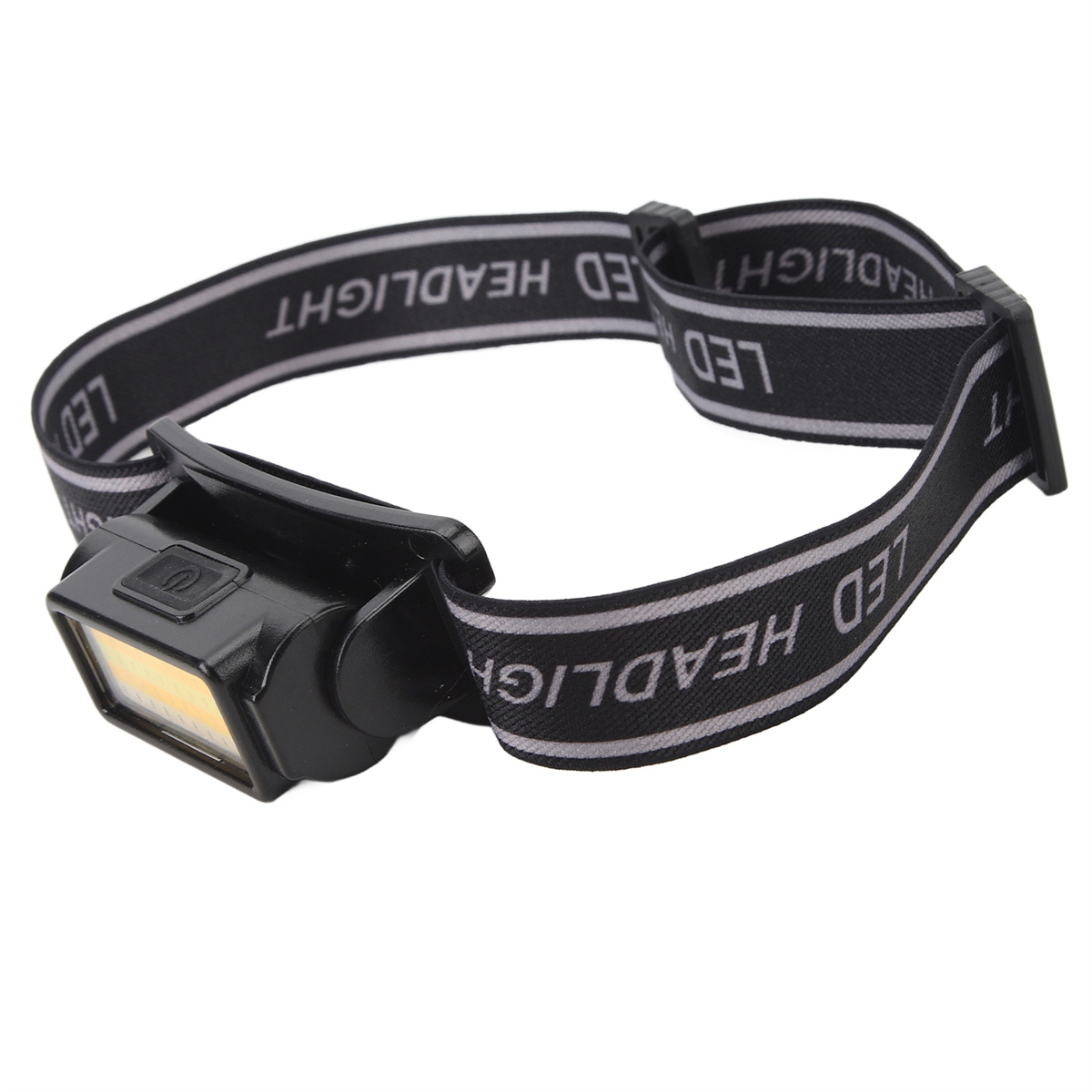 Eine schwarze Stirnlampe mit weißem Band, LED-Scheinwerfer auf dem Band.