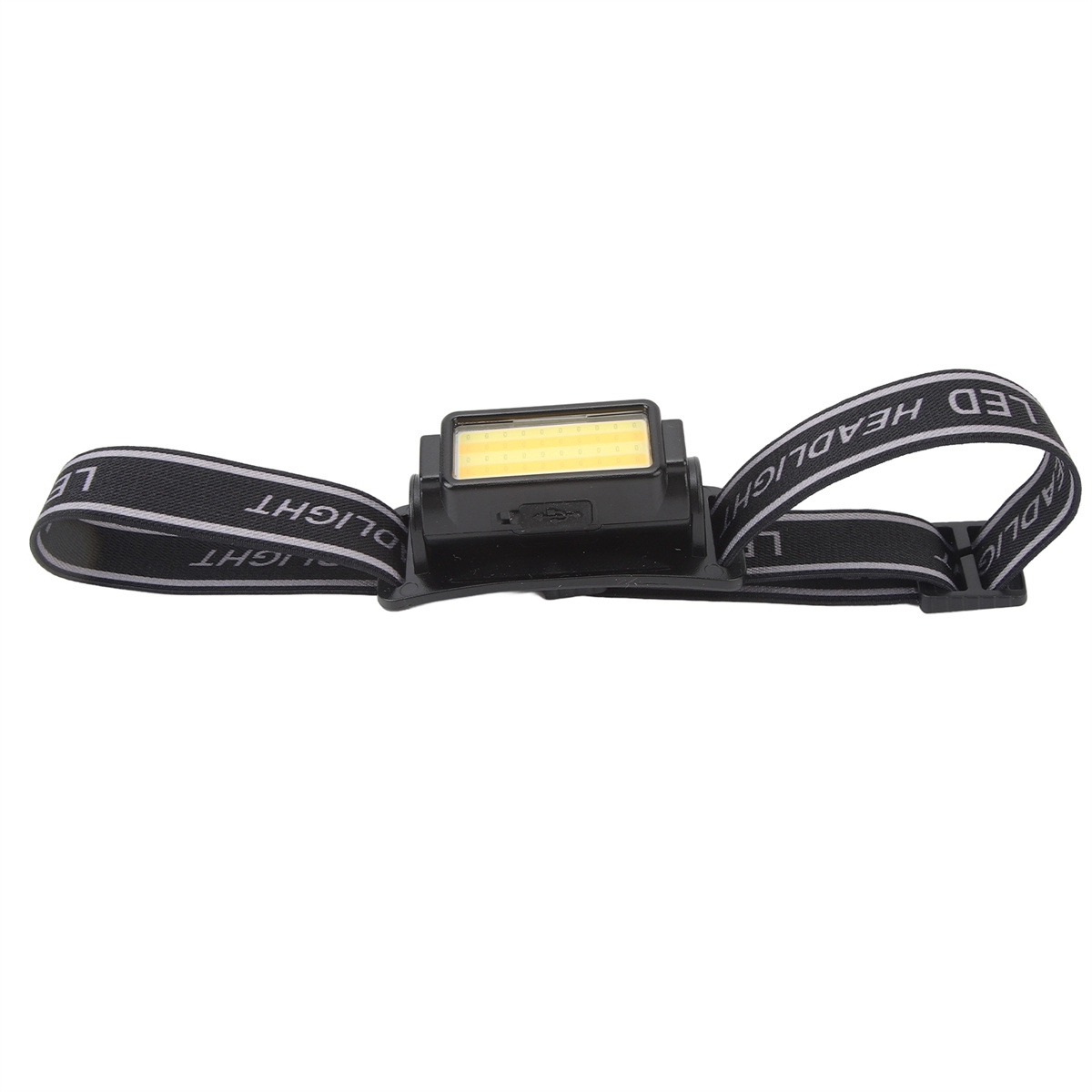 Eine schwarze Stirnlampe mit Licht, schwarzem Riemen. Das Wort LED und HEADLIGHT auf dem Riemen.