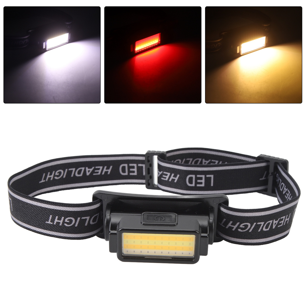 Stirnlampe mit drei verschiedenen Lichtmodi: weiß, rot und gelb. Sie hat ein schwarzes Band und ein zentrales Licht.