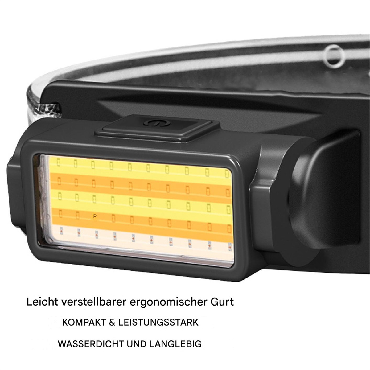 Stirnlampe mit hellen LEDs, auf weißem Hintergrund. Text: 'Ergonomischer Gurt' und 'Wasserdicht'.
