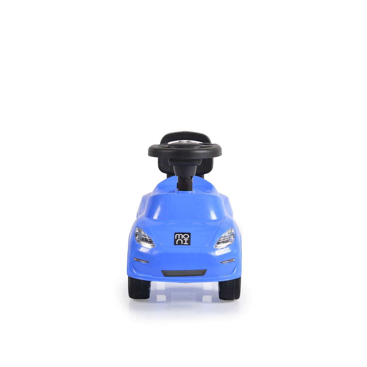 Ein blaues Spielzeugauto mit Frontansicht.