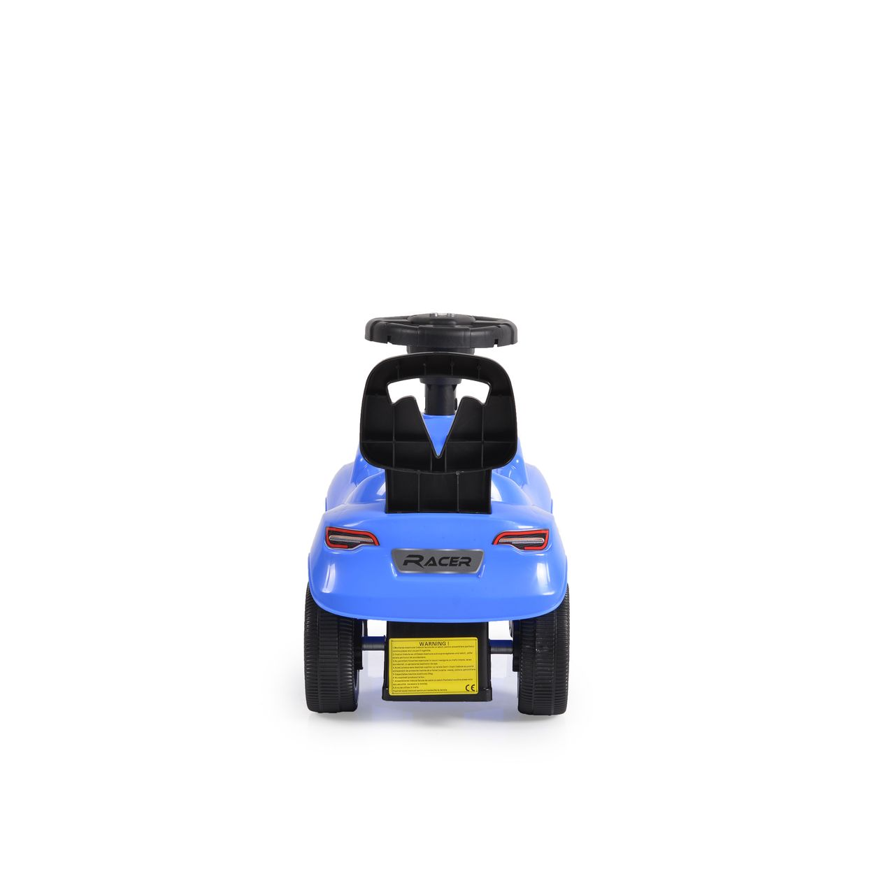 Blaues Spielzeugauto, Rückansicht, mit schwarzem Sitz, Rädern und "RACER"-Text.
