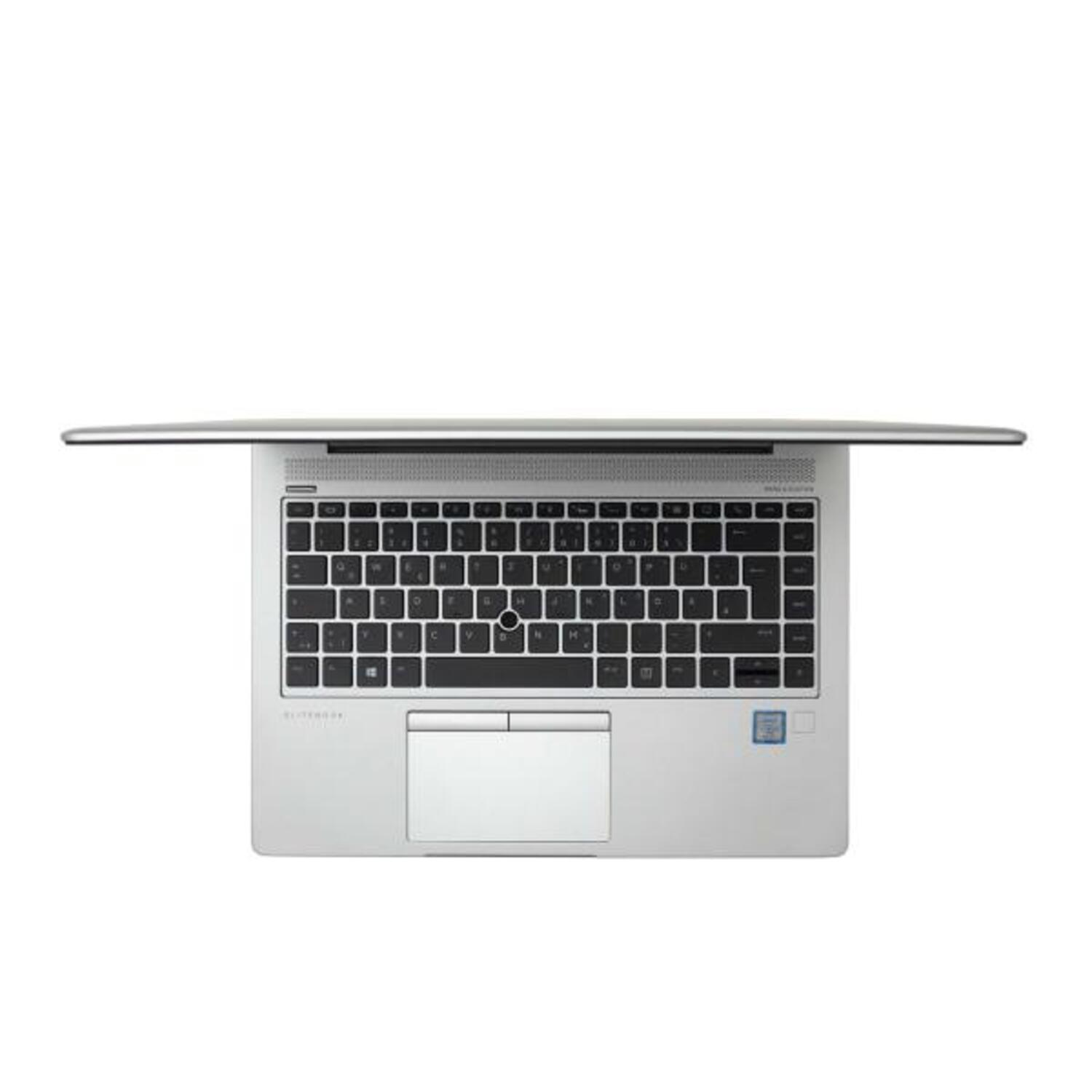 Laptop geöffnet, Draufsicht, silberne Farbe, auf weißem Hintergrund.