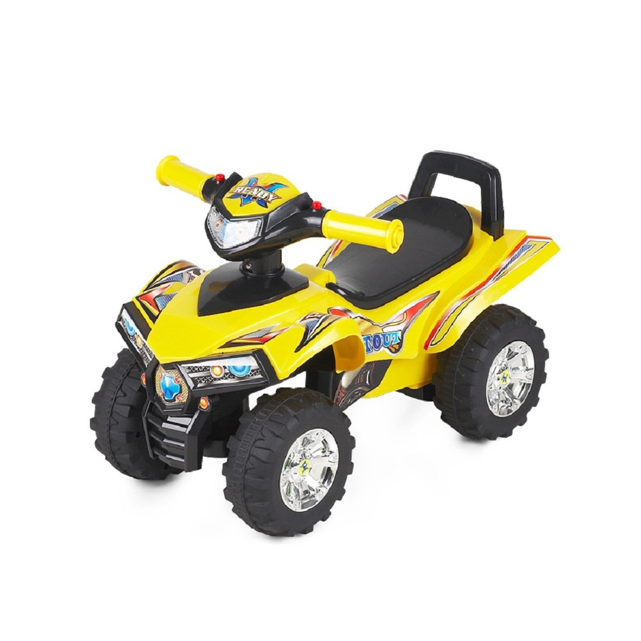 Ein gelbes Aufsitz-ATV-Spielzeug mit schwarzen und roten Details und Chromrädern.