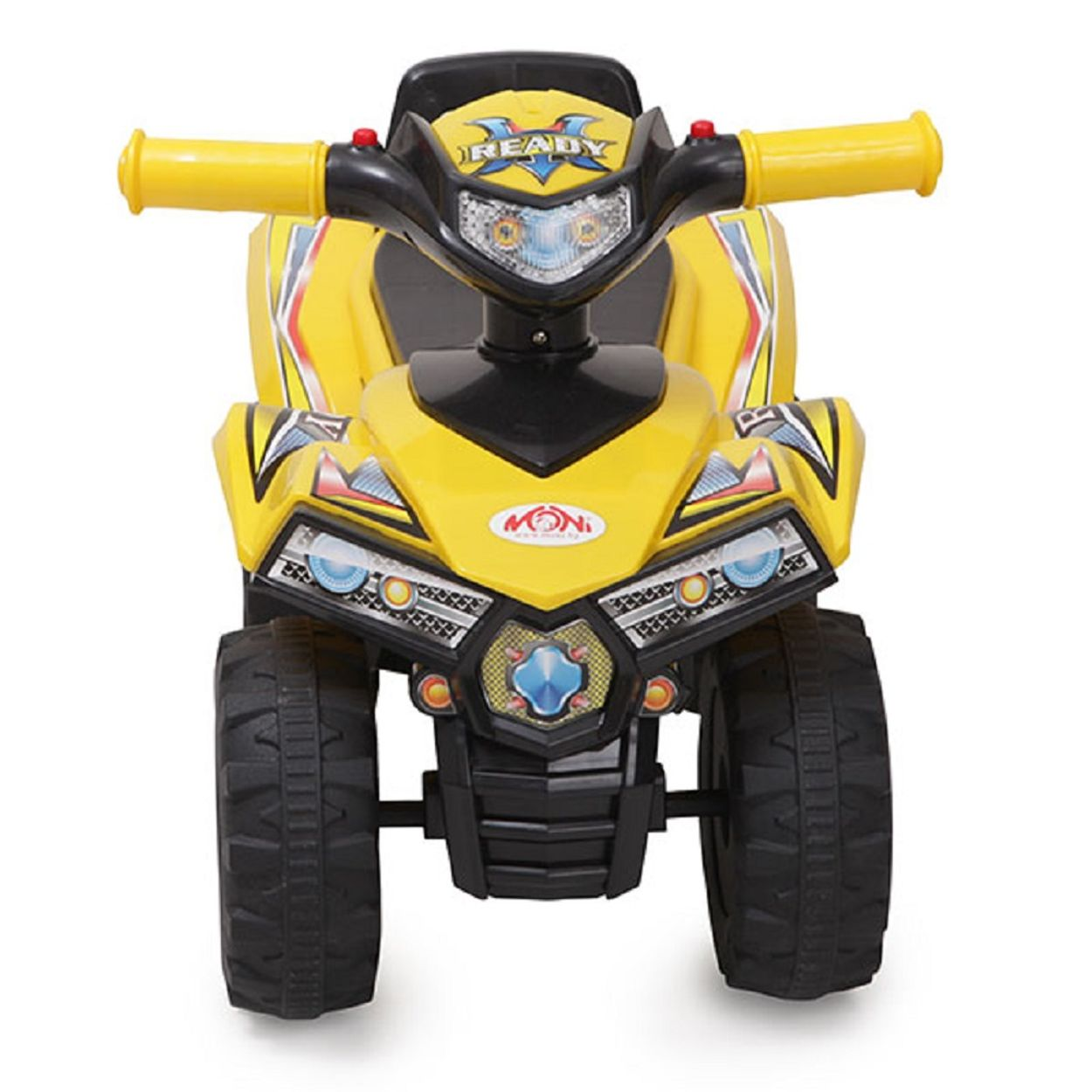 Gelbes Kinder-Elektro-ATV. Es hat vier Räder, Scheinwerfer und einen 'READY'-Aufkleber.