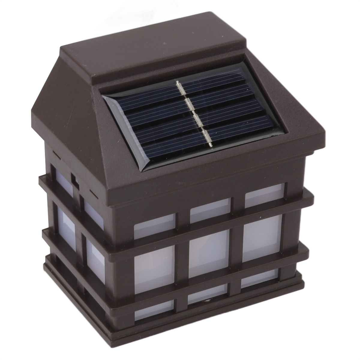 Braune Solarleuchte mit rechteckiger Form. Schwarzes Solarpanel oben.