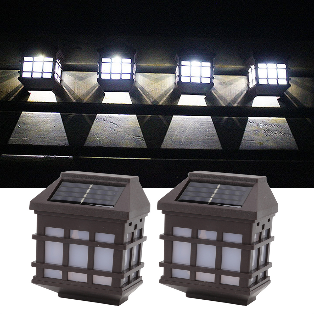 Solarbetriebene Außenleuchten an Holzkonstruktion, mit Schatten.