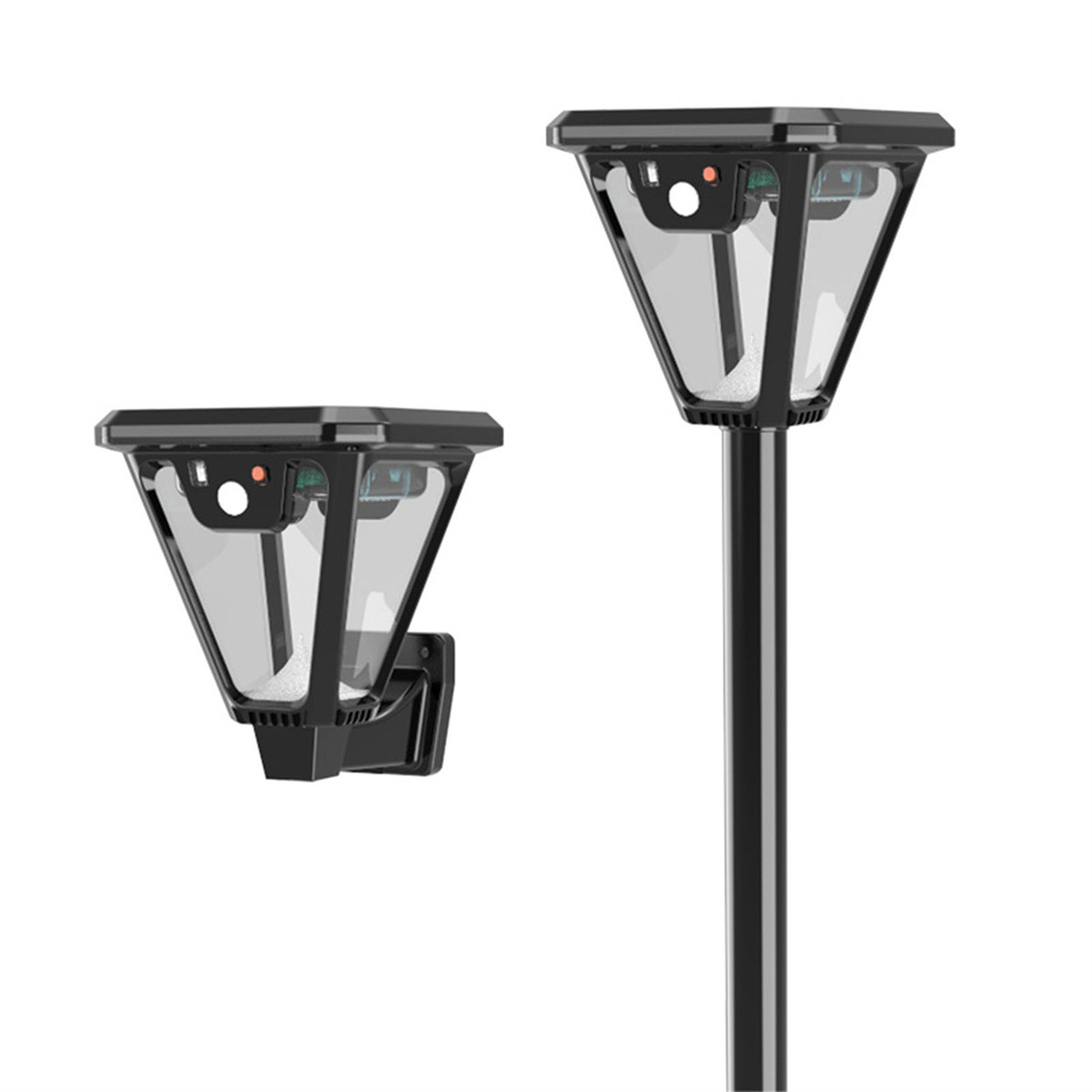 Schwarze solarbetriebene Außenleuchten. Zwei Einheiten, eine Wand, eine an einem Pfosten.