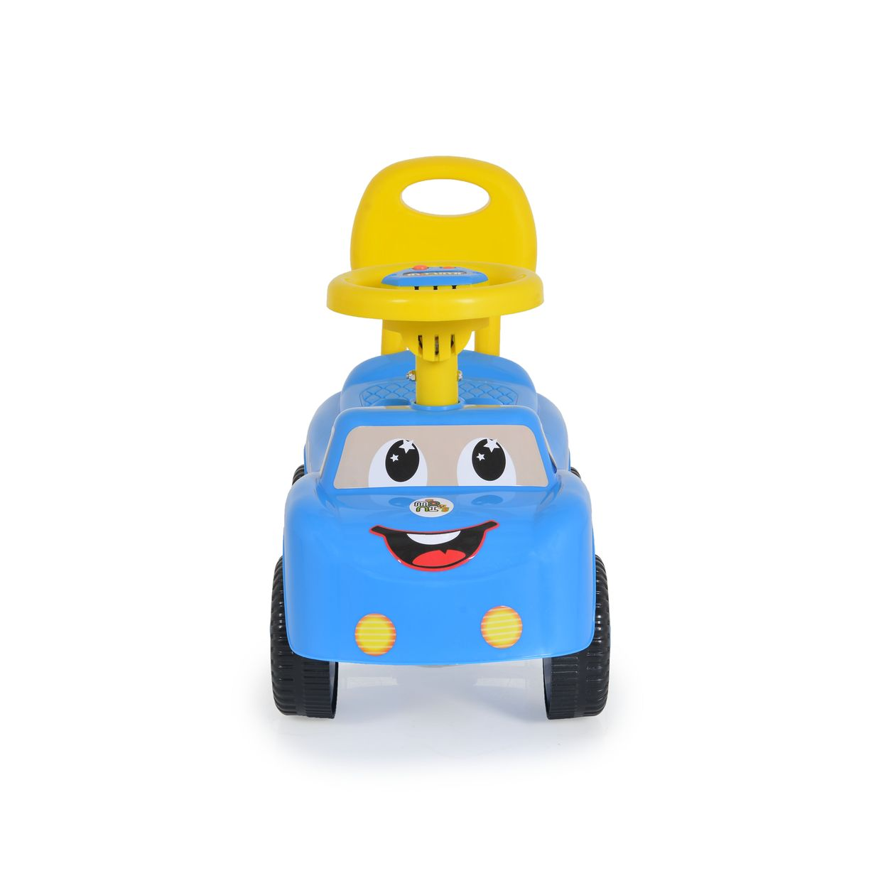 Blaues Spielzeugauto mit lächelndem Gesicht, gelbem Sitz und Lenkrad.