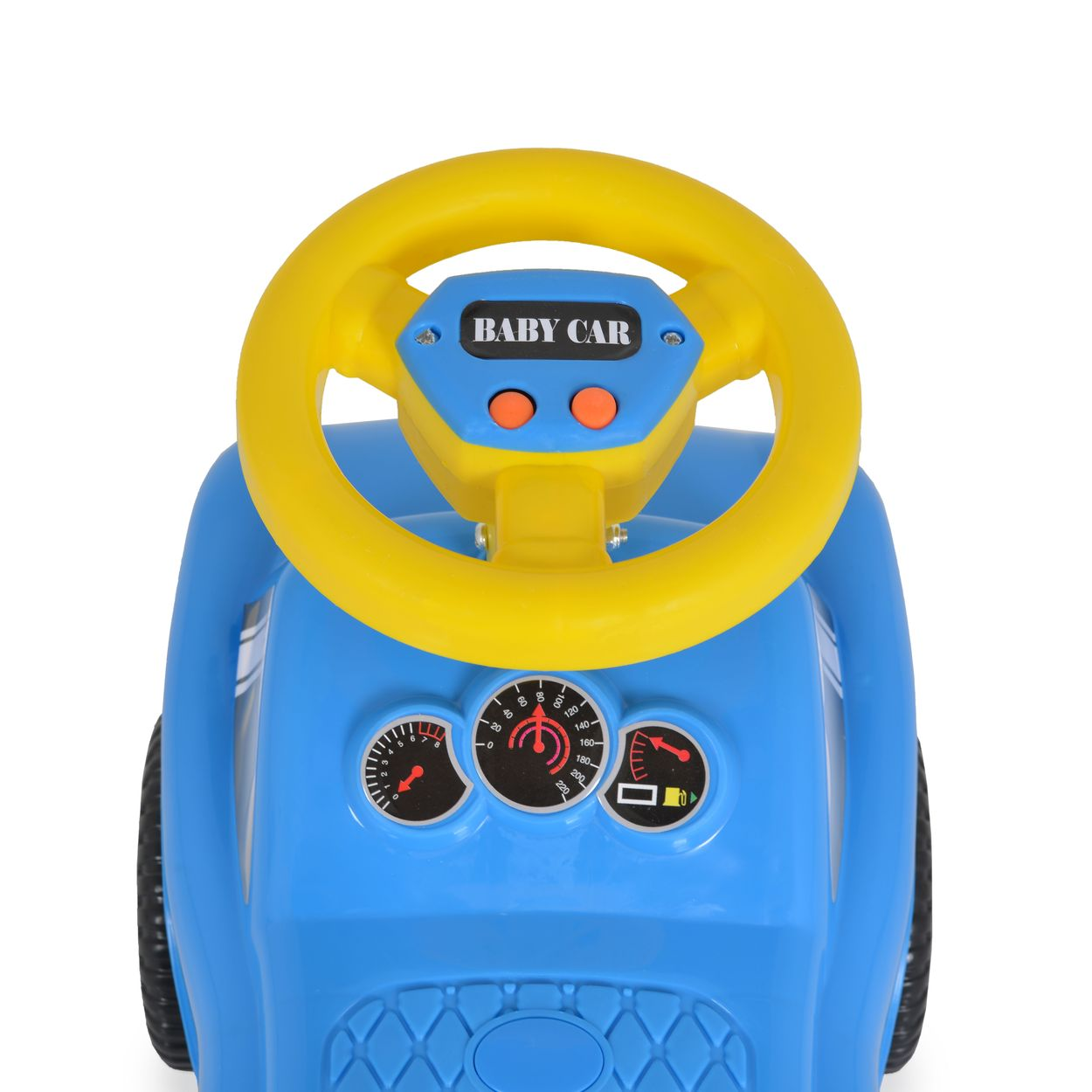 Blaues Babyauto mit gelbem Lenkrad und Anzeigen.