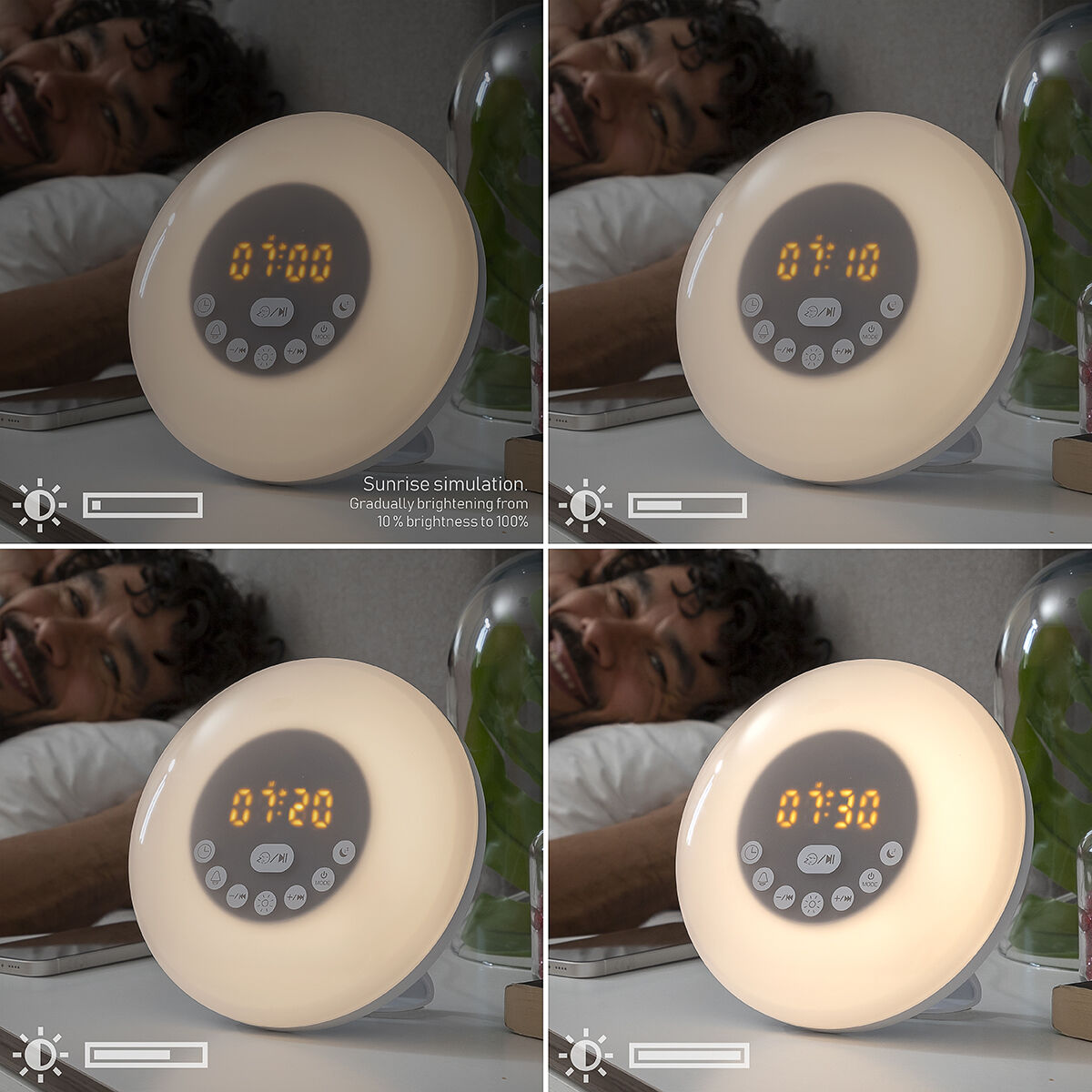 Un despertador luminoso que muestra 07:00, 07:10, 07:20 y 07:30, cada uno con diferente brillo.