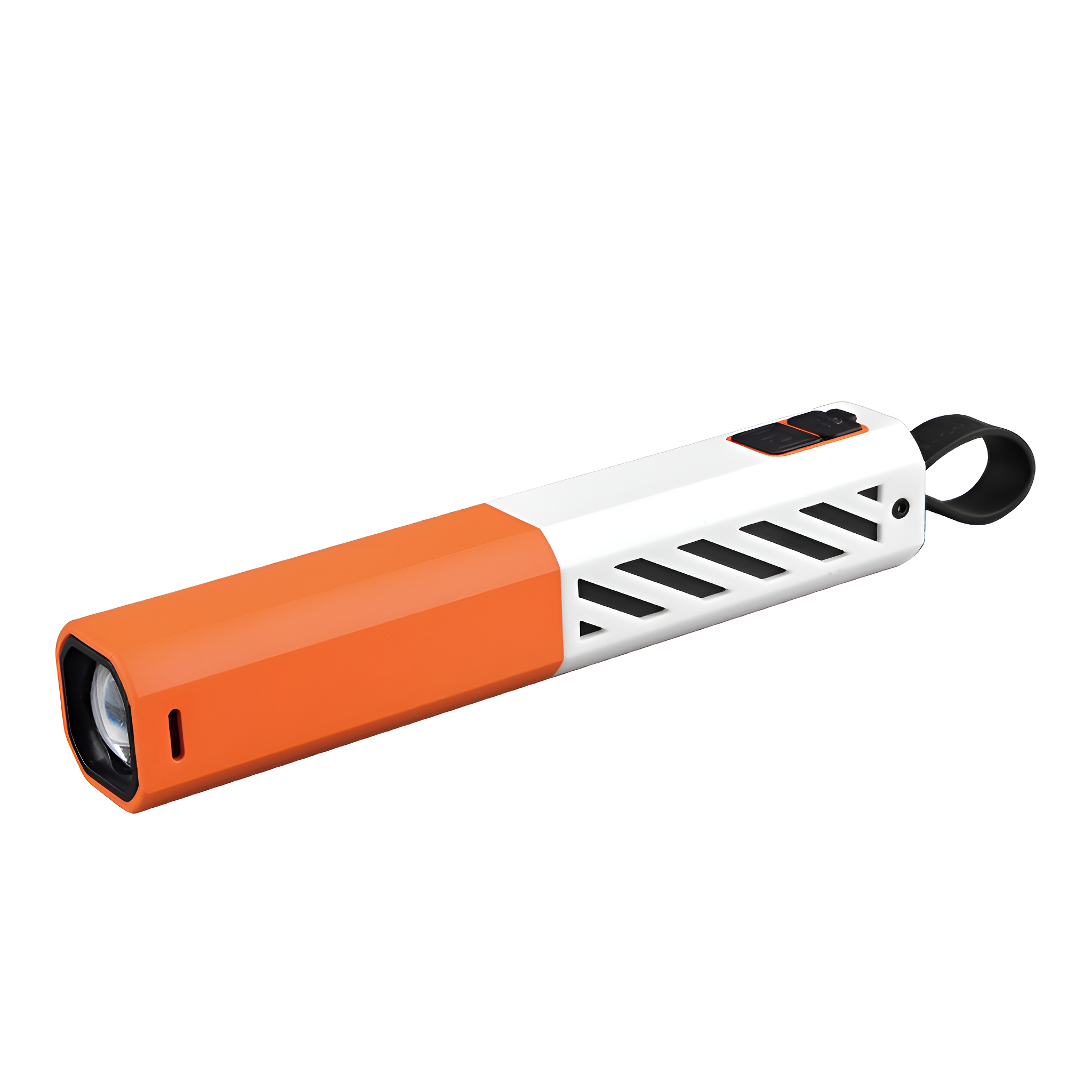 Orange und weiße Taschenlampe. Sie hat eine schwarze Handschlaufe und einen weißen Körper mit einem schwarzen Knopf.