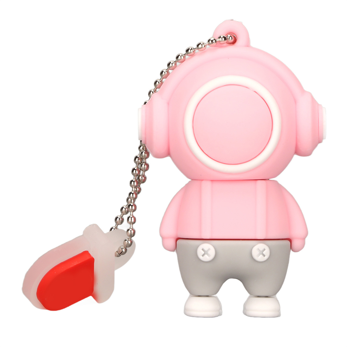 Ein pinkfarbener USB-Stick in Form eines Tauchers mit Kette. Der USB-Stick hat graue Hosen.