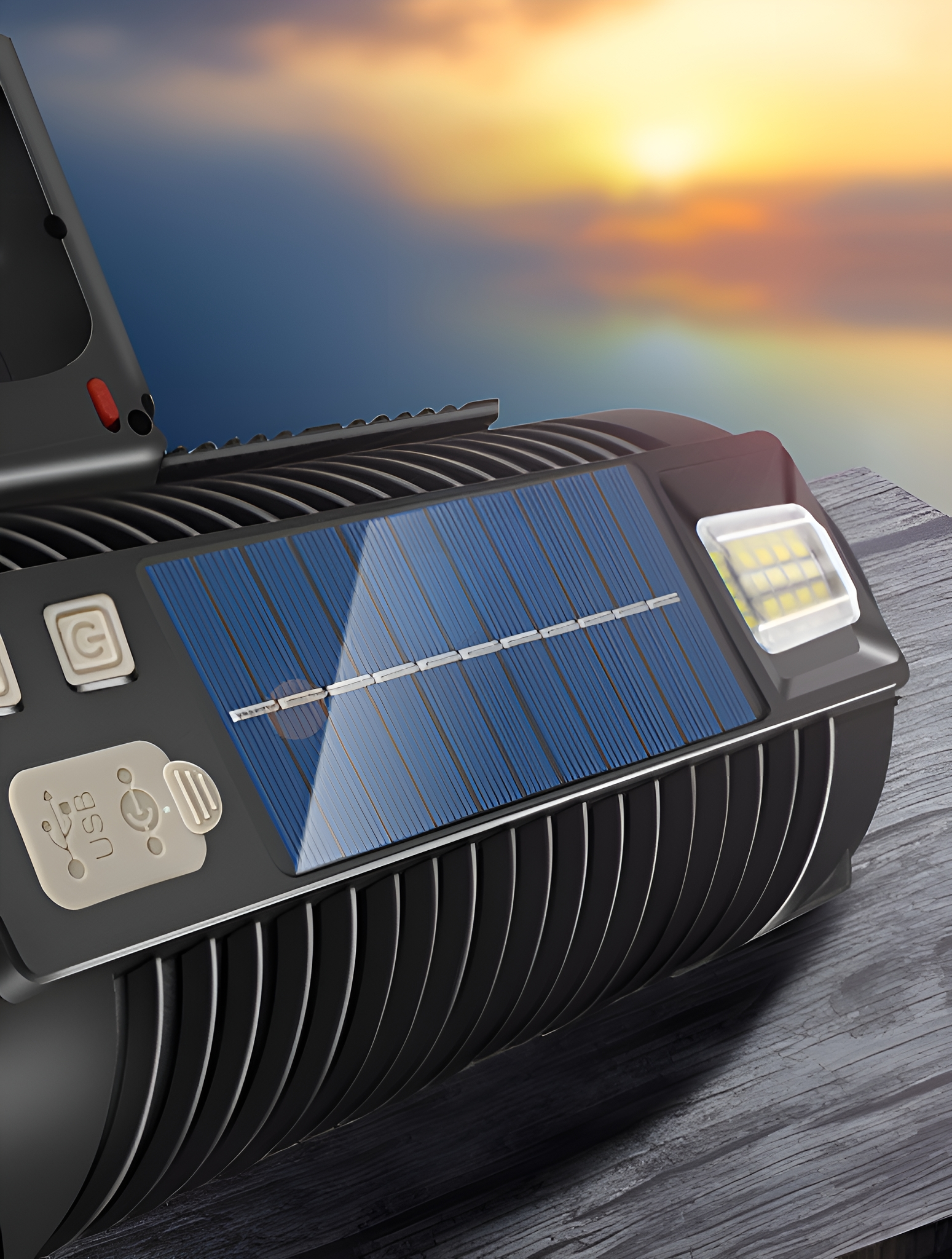 Nahaufnahme einer solarbetriebenen Taschenlampe. Schwarz und Silber mit blauem Solarpanel.
