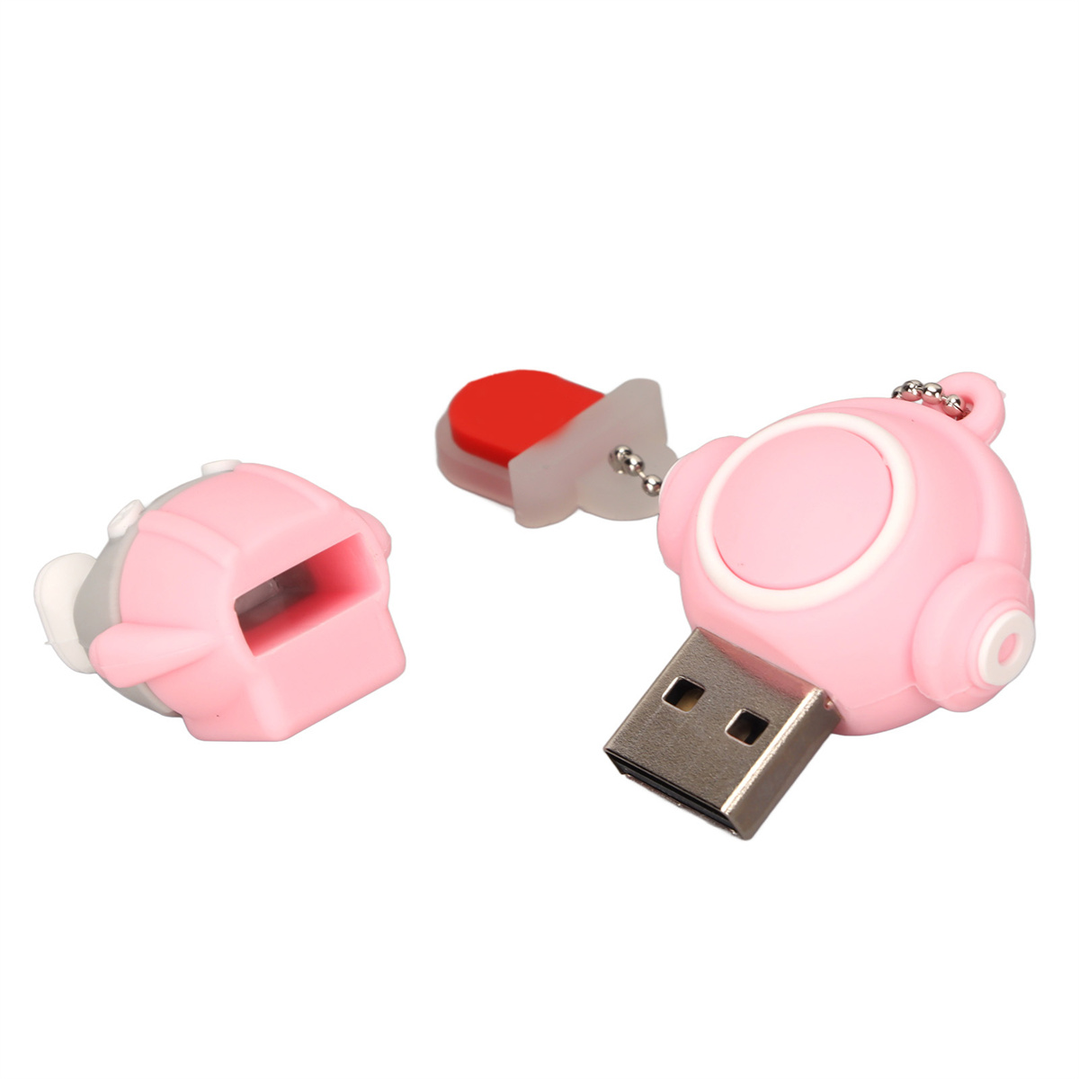 Ein rosa USB-Stick im Cartoon-Astronauten-Design, mit abnehmbarer roter Kappe.