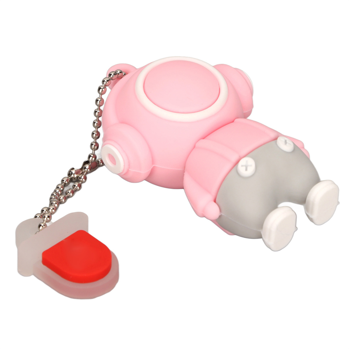 Ein rosa taucherförmiger USB-Stick mit rotem Knopf. Er hat eine silberne Kette auf weißem Hintergrund.