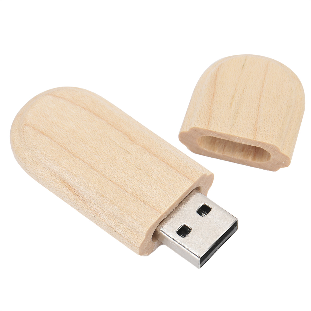 USB-Stick aus Holz mit separater Kappe. Der Stick hat einen Metall-USB-Anschluss. Weißer Hintergrund.