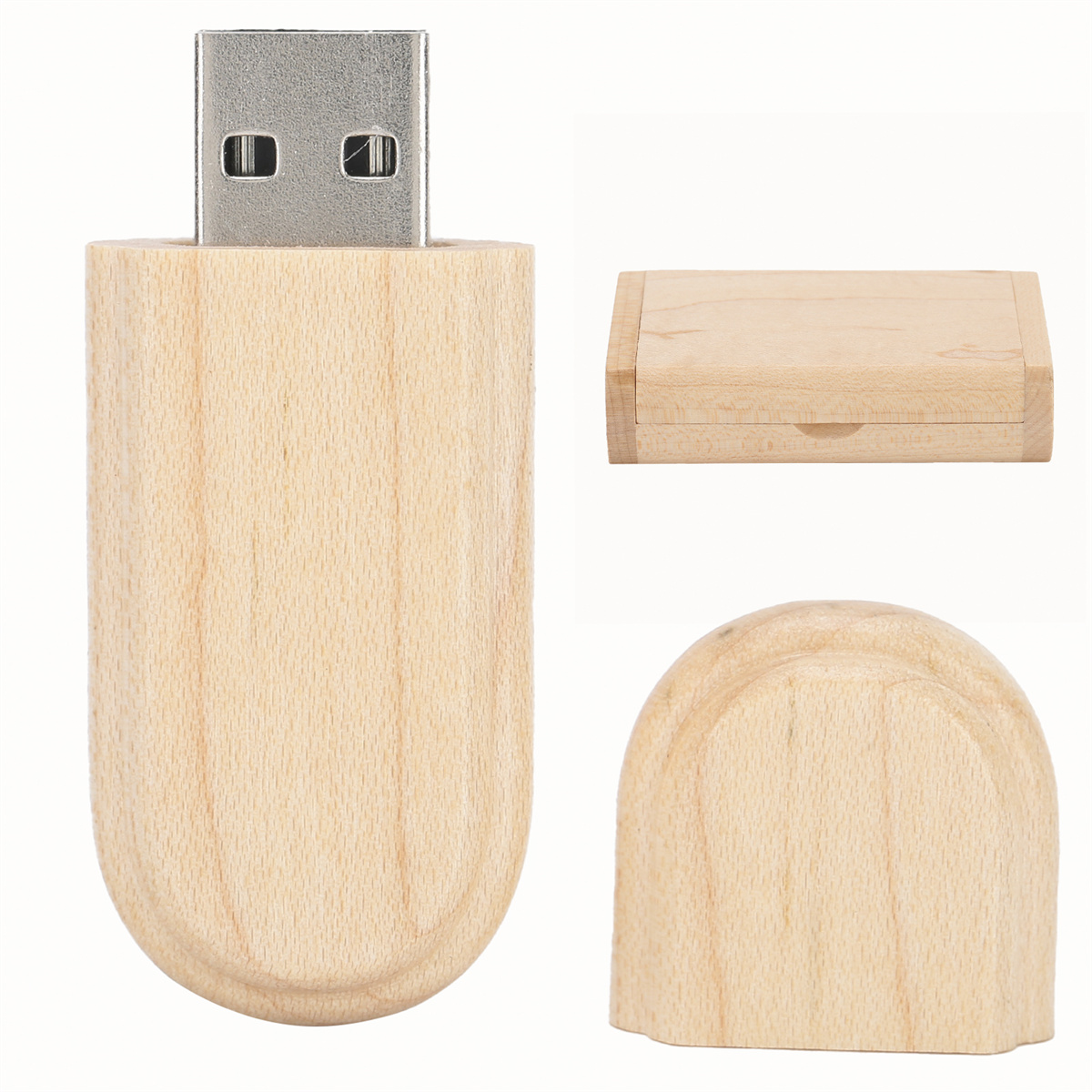 Ein USB-Stick aus Holz mit einer Holzbox und einer Holzabdeckung. Es ist hellbraun.