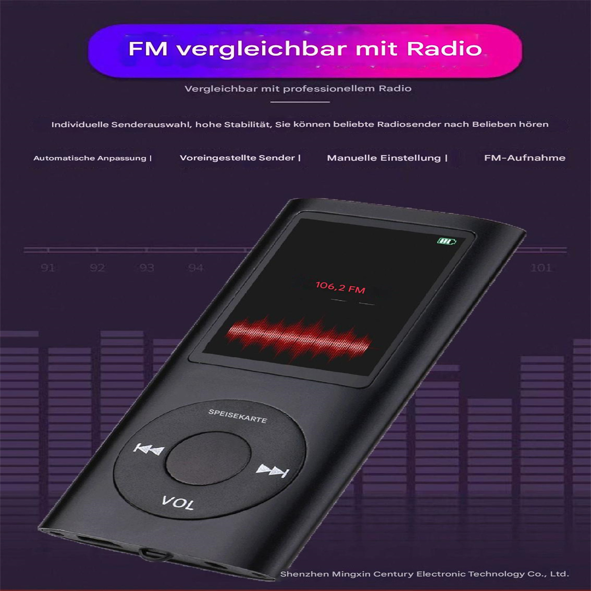 Schwarzer MP3-Player mit Bildschirm, der rote Welle, Knöpfe und Text anzeigt.