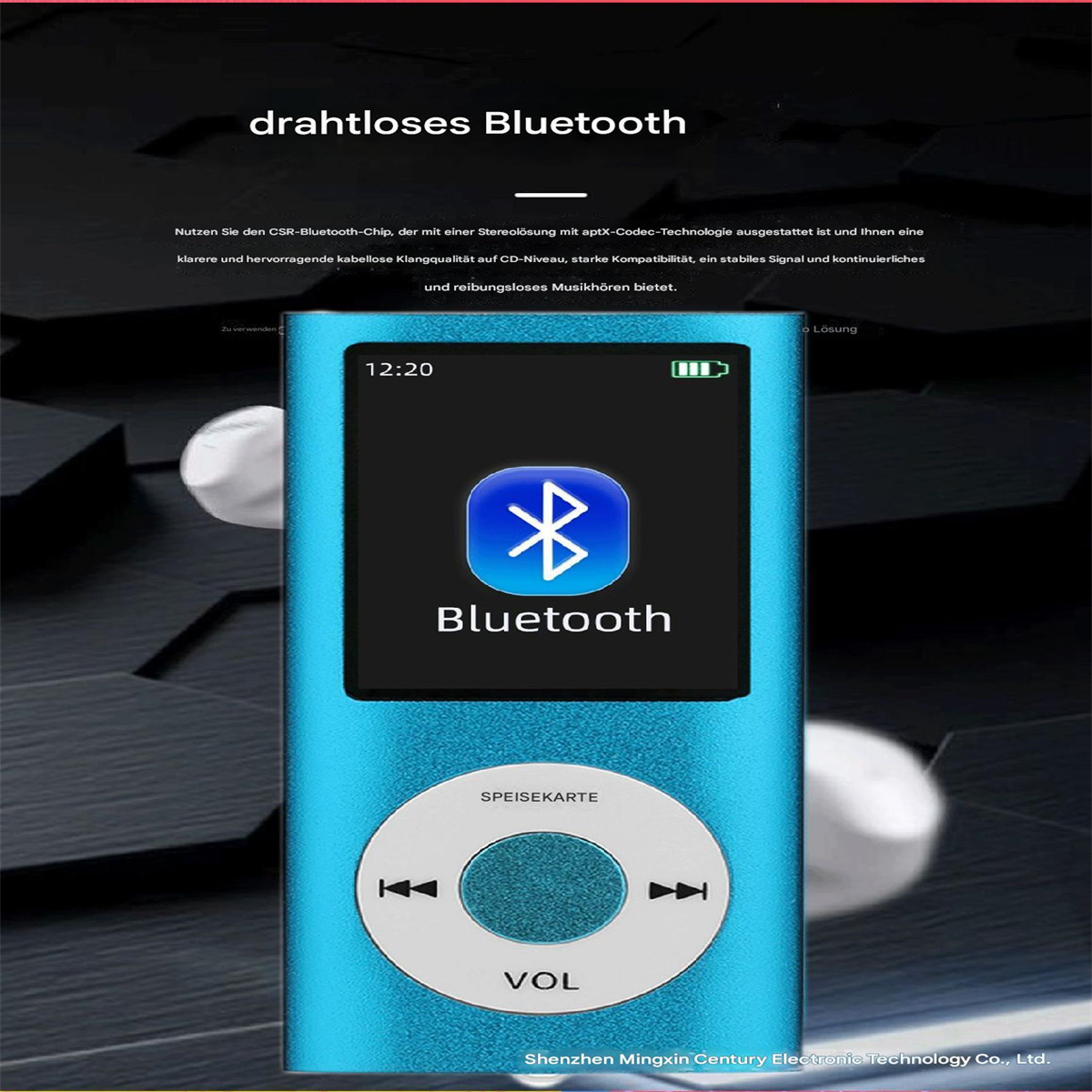 Blauer MP3-Player mit Bluetooth-Logo auf dem Bildschirm, darunter Knöpfe. Weiße Ohrhörer.