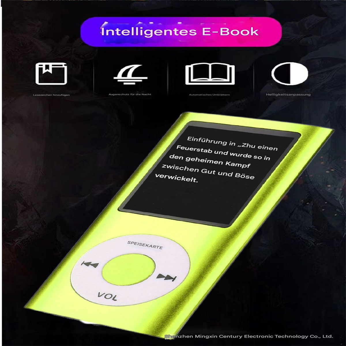 Hellgrüner MP3-Player mit schwarzem Bildschirm mit Text. Weiße Knöpfe. Weißer Hintergrund.