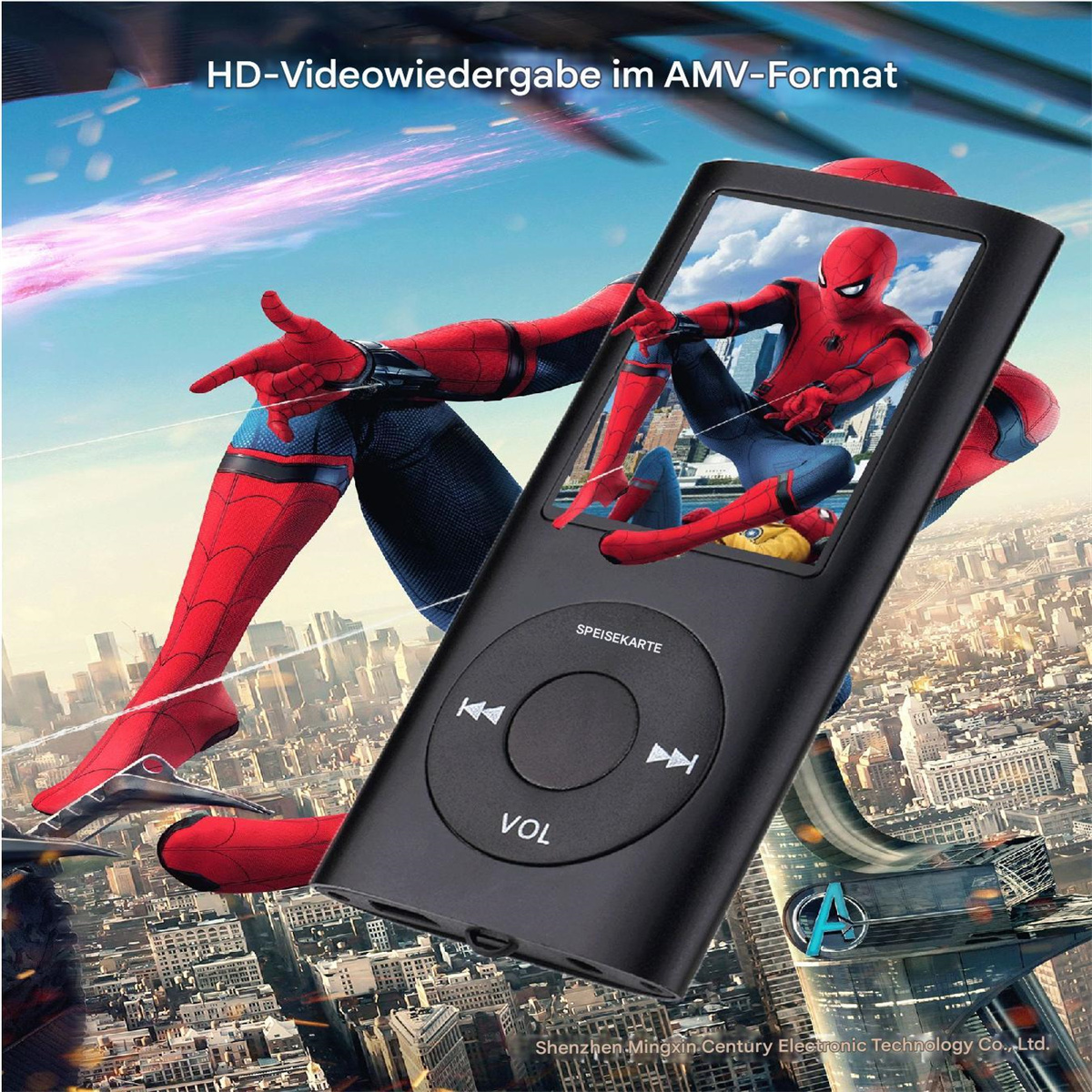 Ein MP3-Player mit Spiderman-Bild auf dem Bildschirm, vor Stadtkulisse.