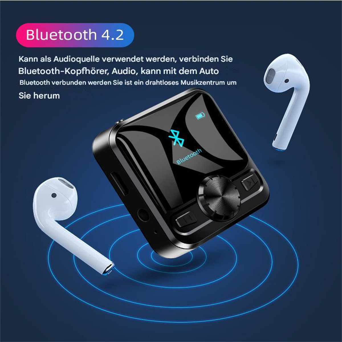 Ein schwarzer Bluetooth-Empfänger mit weißen Ohrhörern und Text über seine Funktionen.