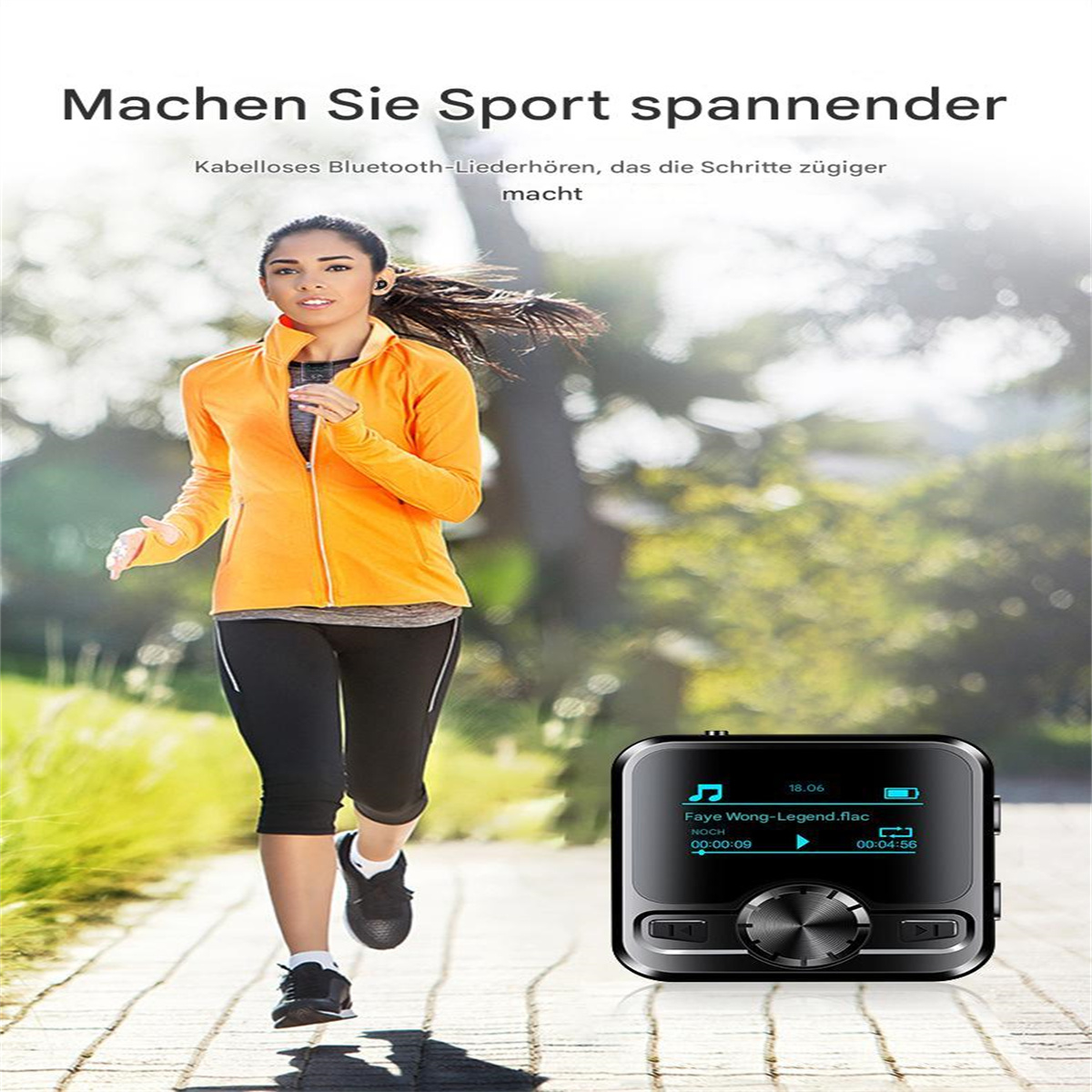 Frau läuft mit Ohrhörern, kleines Musikplayer-Interface unten rechts.
