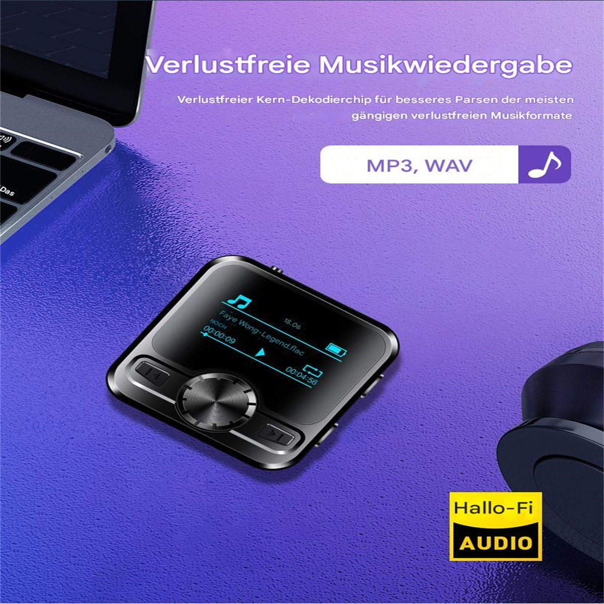 Schwarzer MP3-Player mit Bildschirm, der ein Lied zeigt, mit Kopfhörern und Laptop.