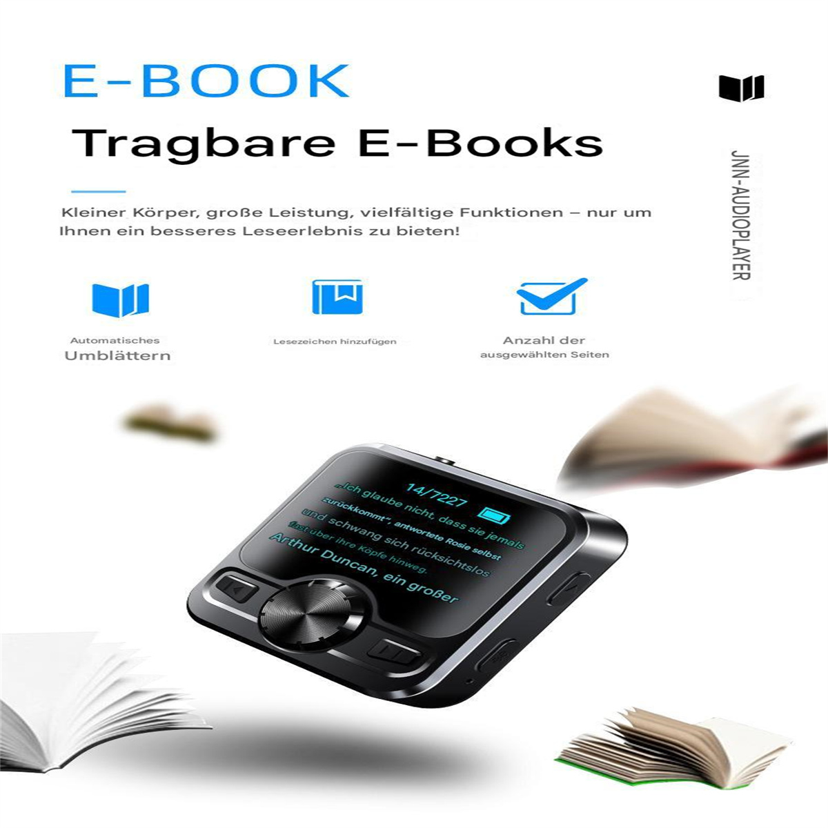 Ein E-Reader-Gerät mit Text, Knöpfen und Bildschirm. Der Hintergrund hat Text und Symbole.