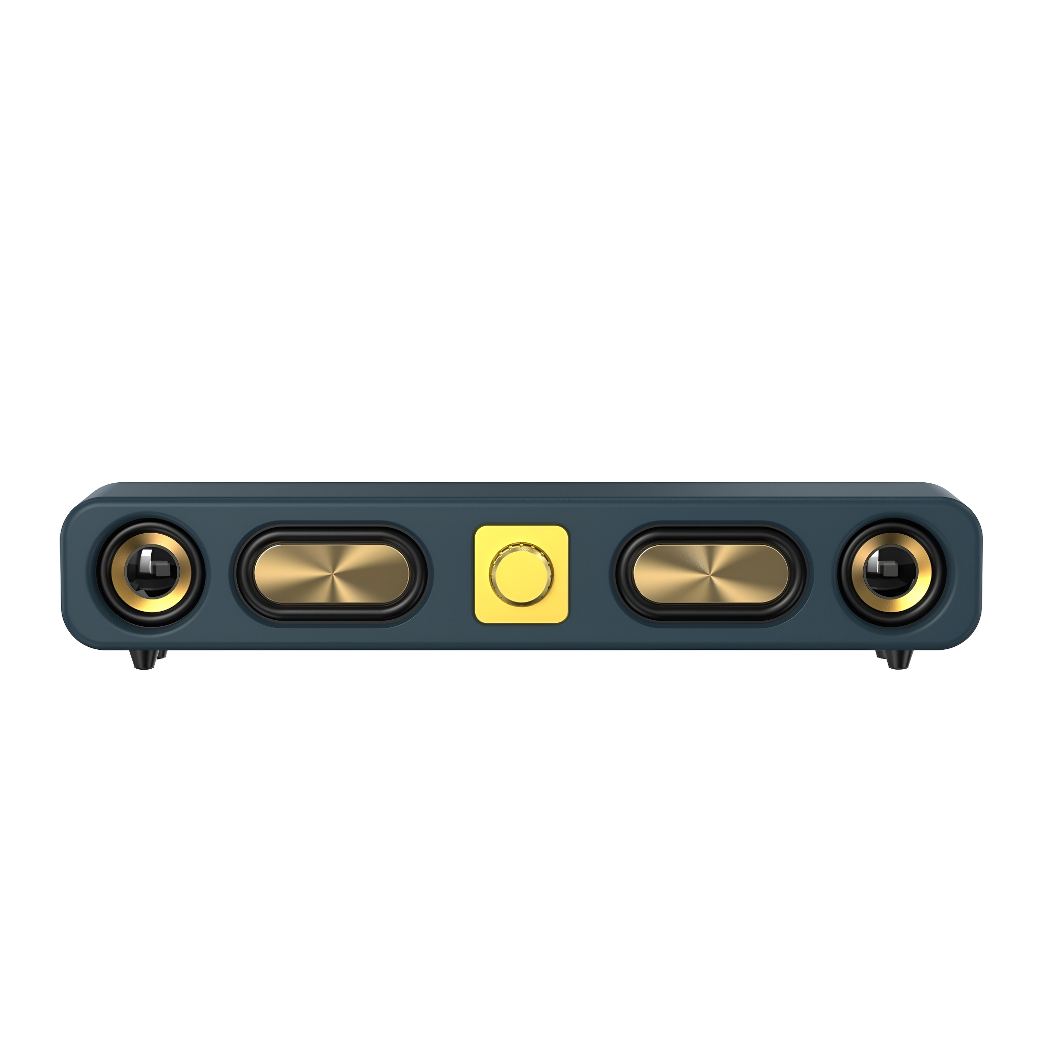 Dunkelblaue Soundbar mit goldenen Lautsprechern und einem goldenen Bedienknopf auf weißem Hintergrund.