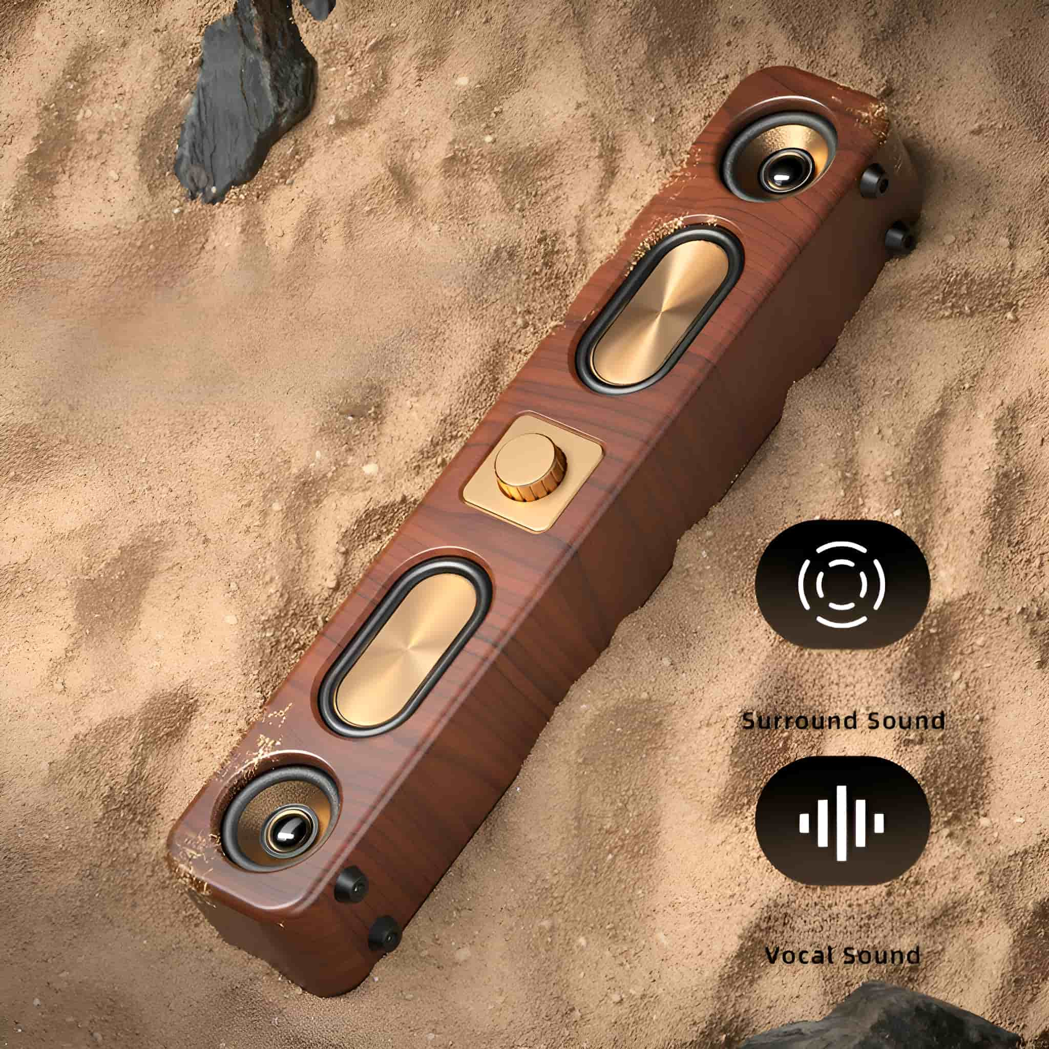 Ein brauner Holz-Lautsprecher mit goldenen Details und zwei Symbolen: Surround-Sound und Gesangs-Sound.