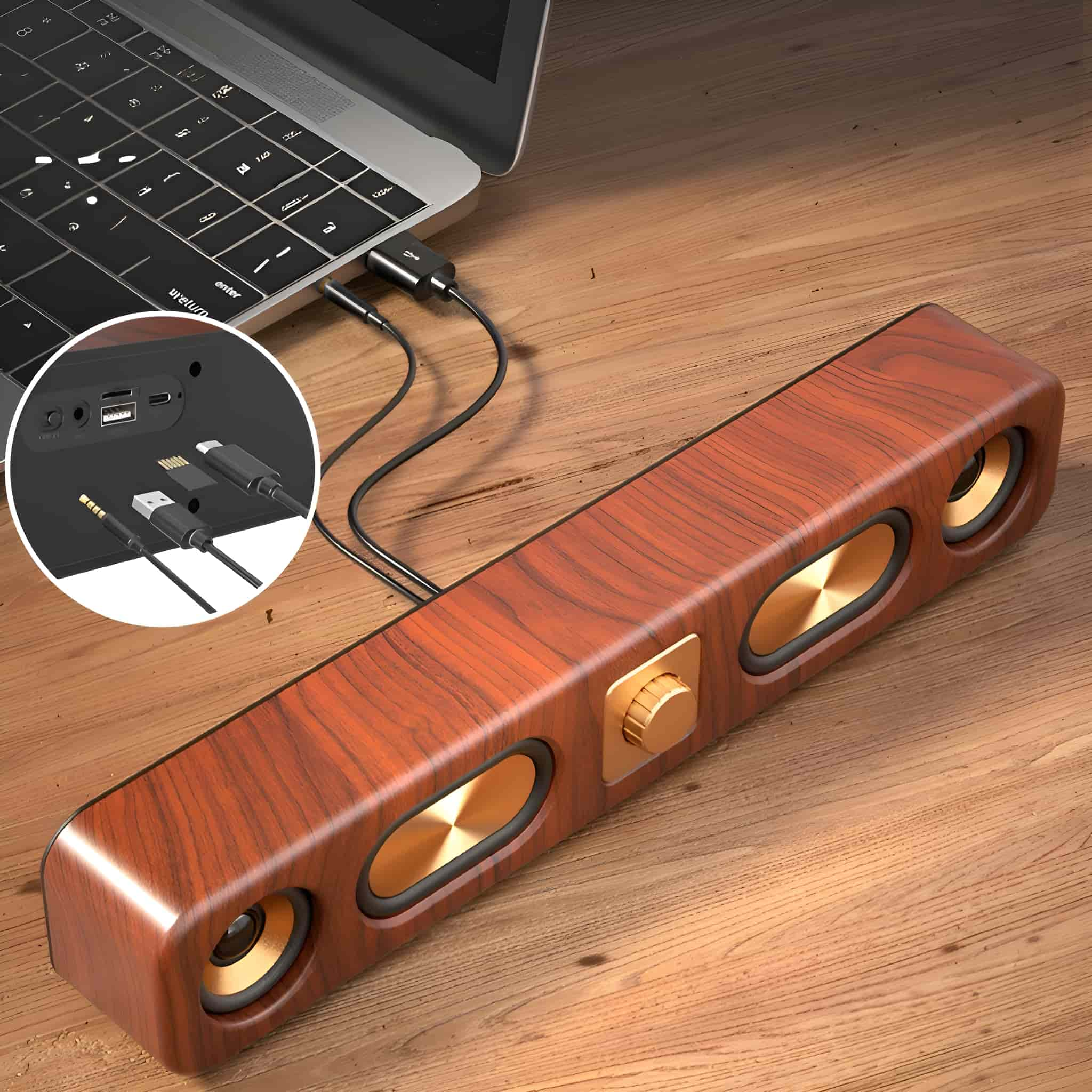 Holzlautsprecher mit goldenen Akzenten und einem daran angeschlossenen Laptop. USB- und Audiokabel sichtbar.