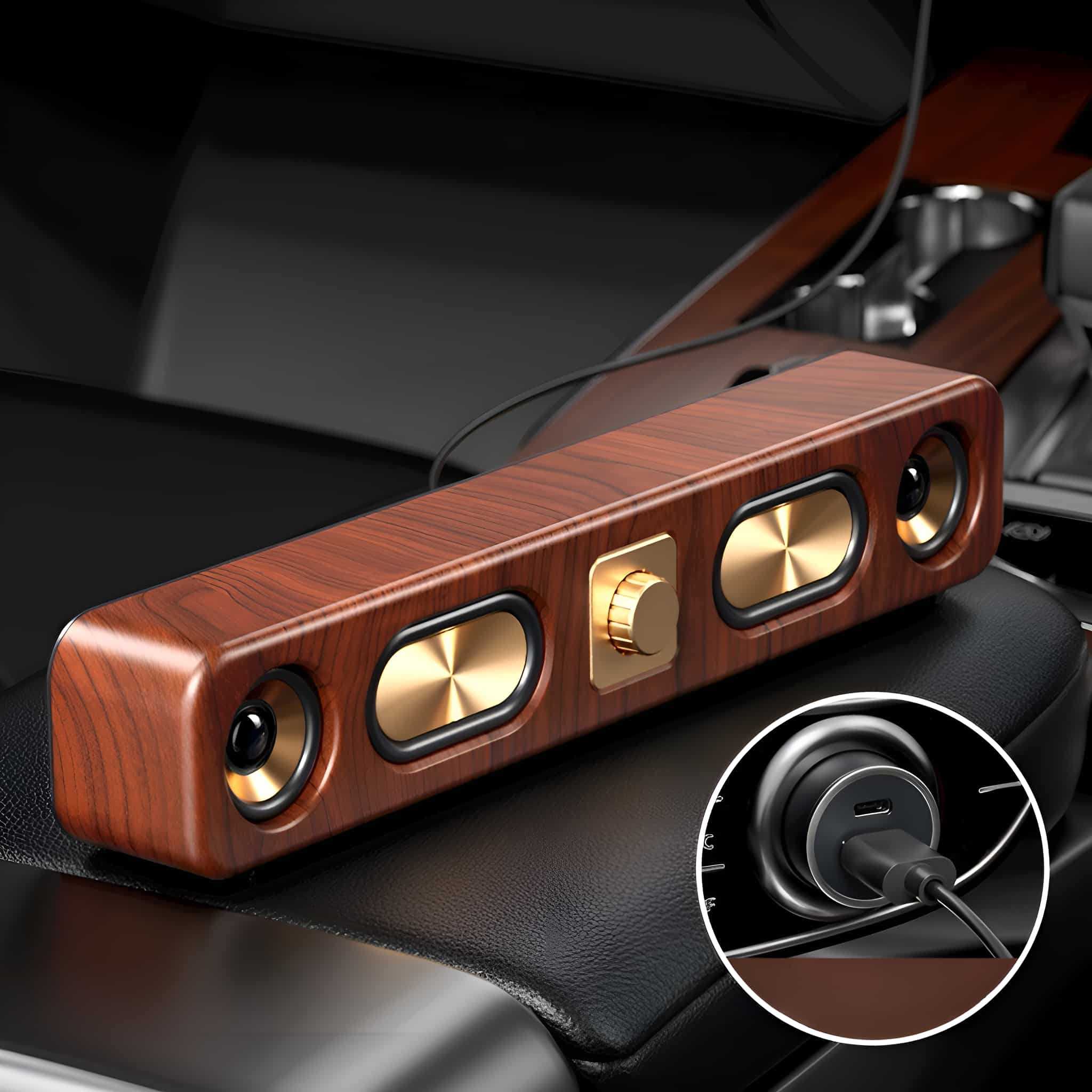 Auto-Lautsprecher mit Holzmaserung, goldenen Akzenten. USB-Ladegerät in der Armlehne des Autos.