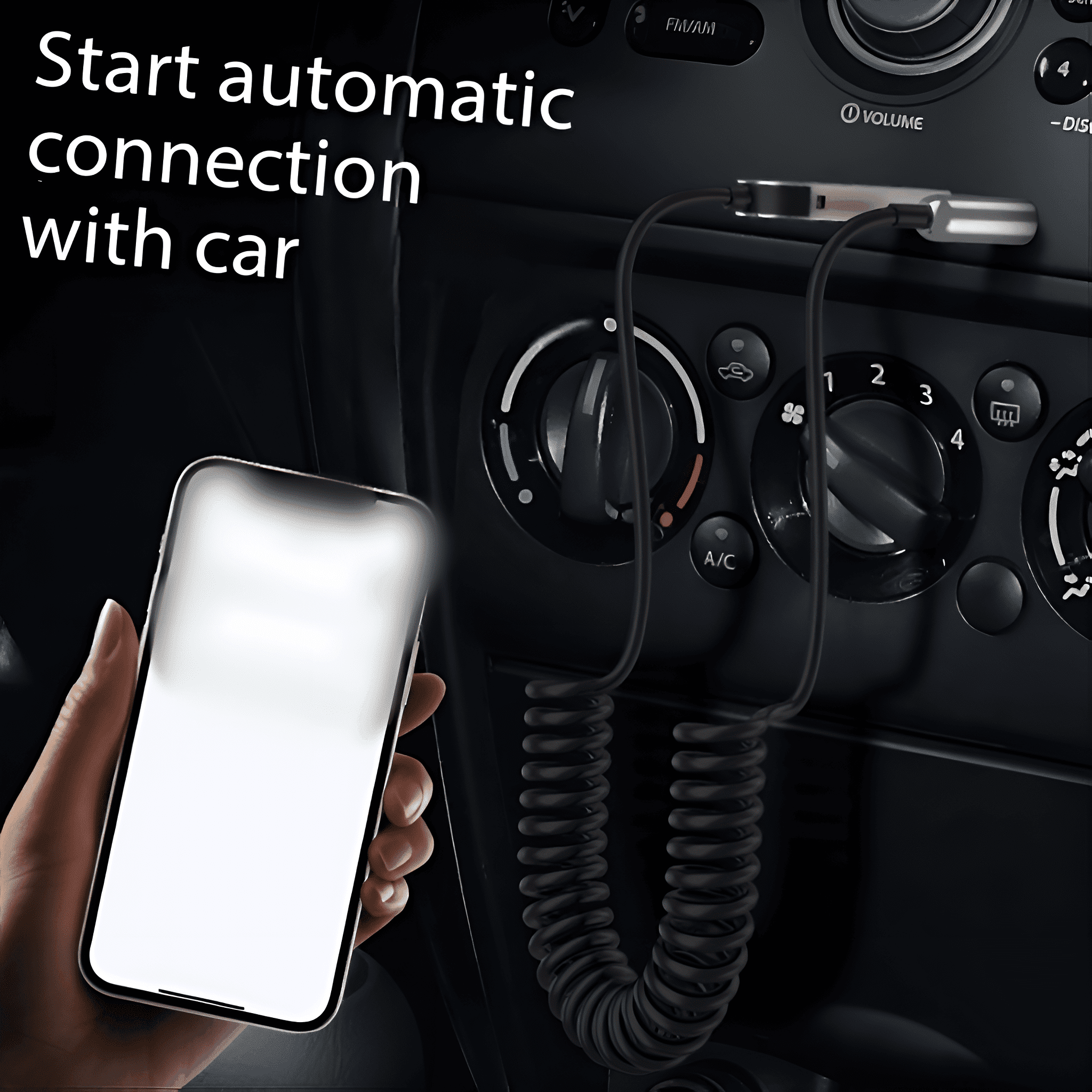 Ein Telefon verbindet sich mit dem Armaturenbrett eines Autos. Ein schwarzes Spiralkabel ist sichtbar. Text: Automatische Verbindung mit dem Auto starten.