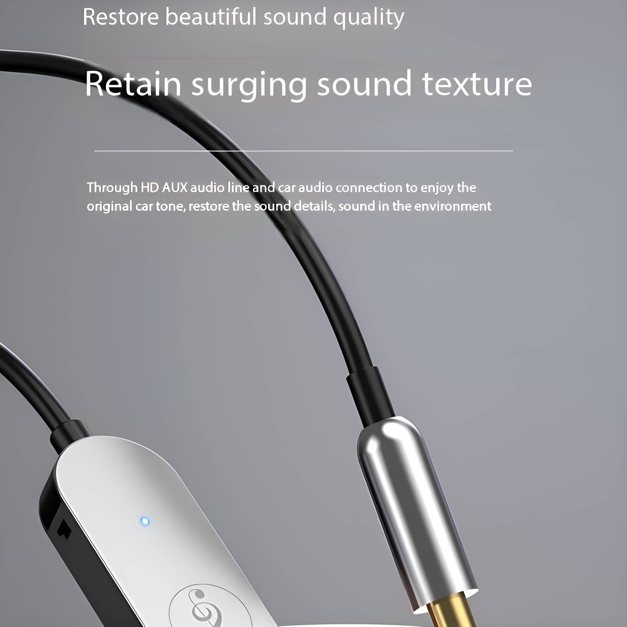 Silbernes Gerät mit Kabel. Text oben lautet 'Retain surging sound texture'.