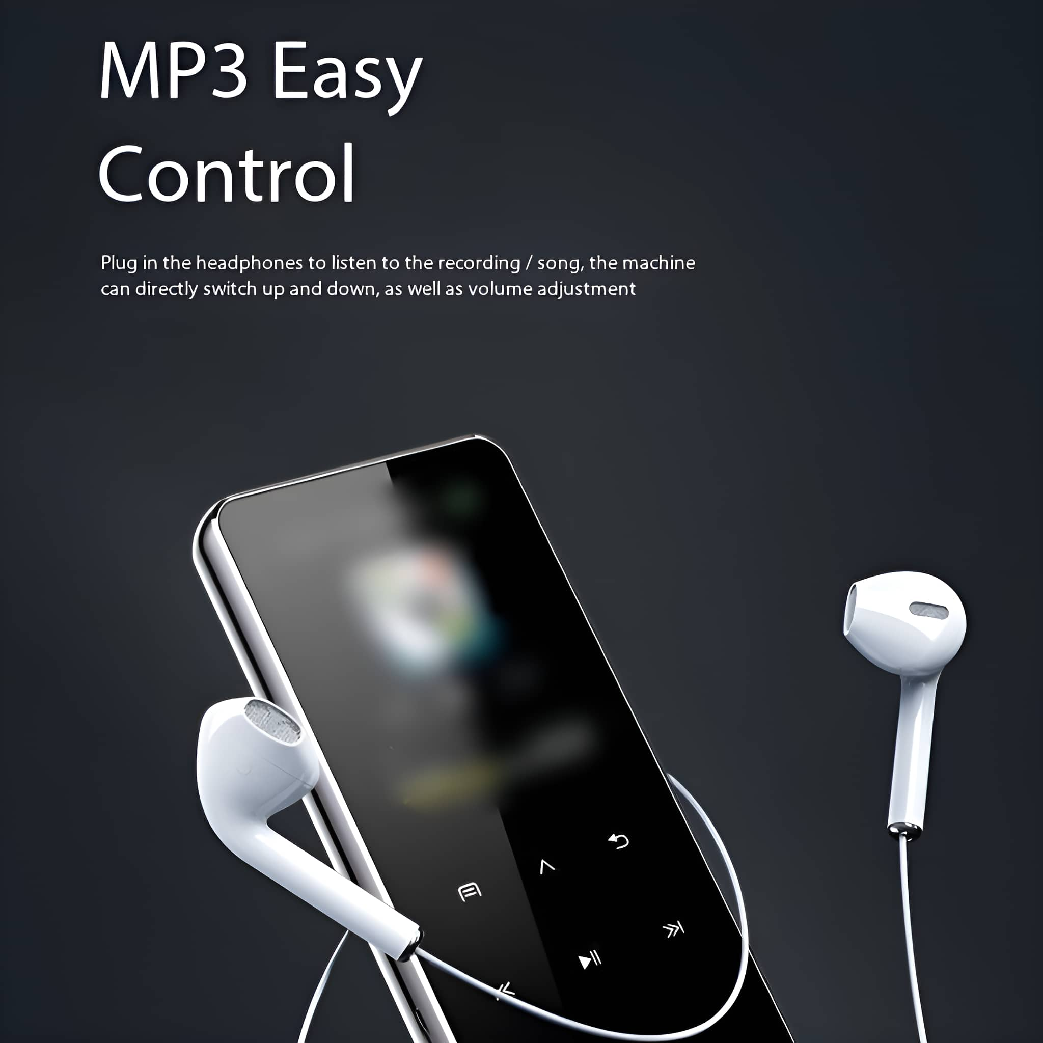 Ein schwarzer MP3-Player mit weißen Kopfhörern und Text über einfache Steuerung.
