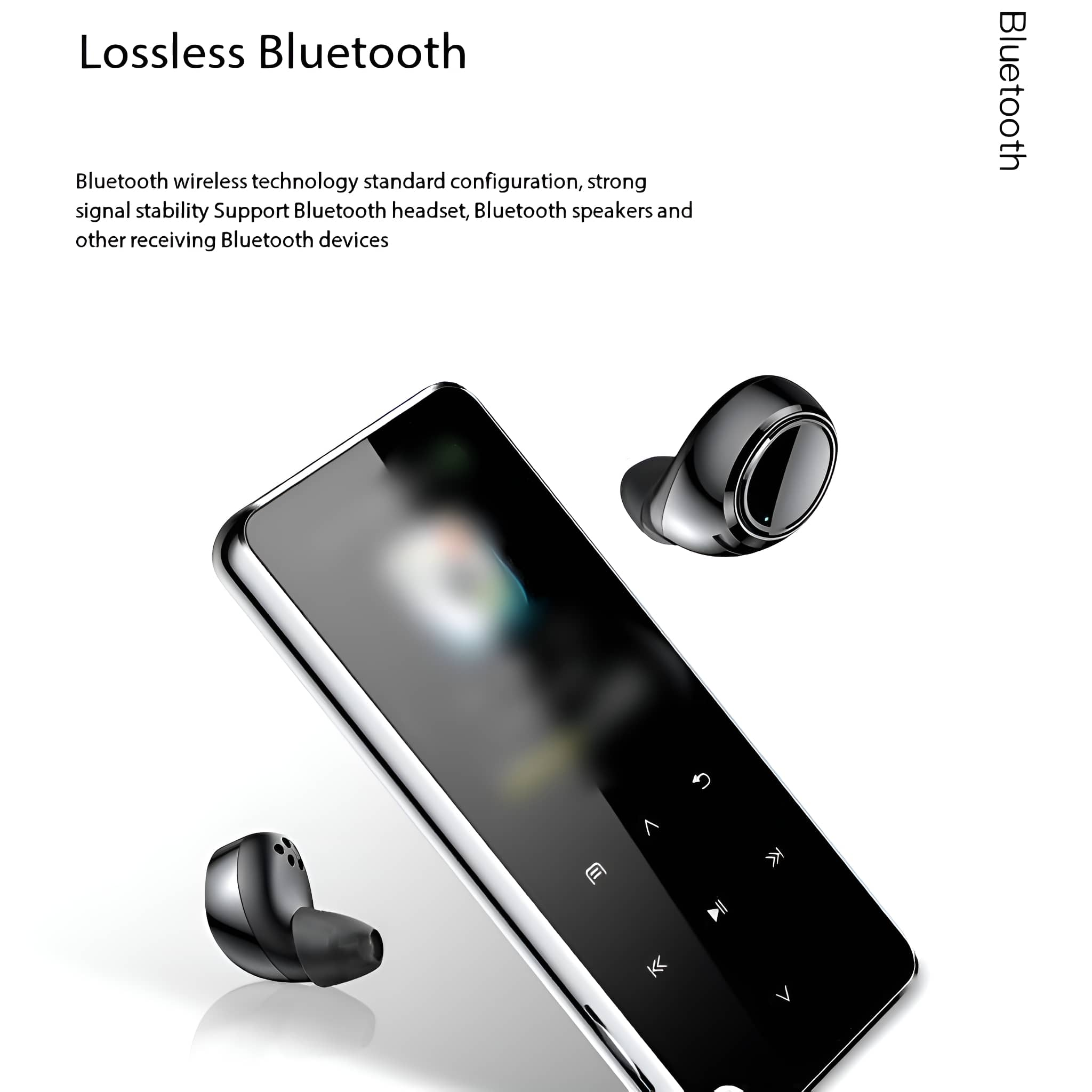 Schwarzer Mediaplayer mit Ohrhörern. Text über verlustfreies Bluetooth und andere Bluetooth-Geräte.