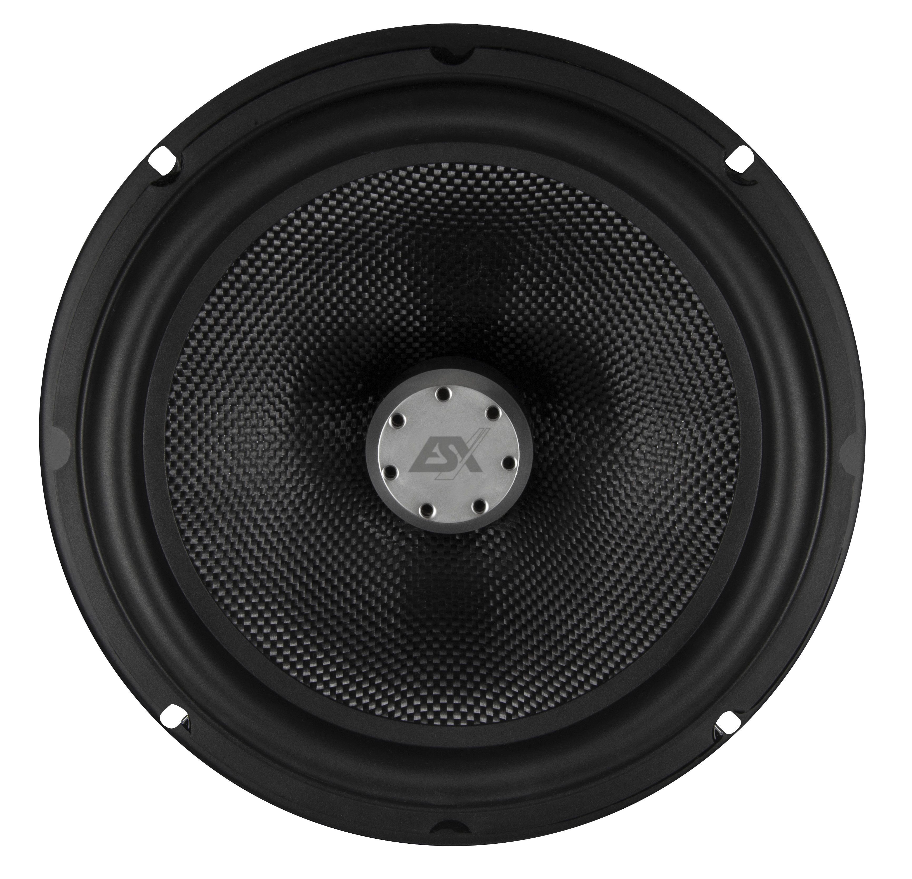 Schwarzer Subwoofer-Lautsprecher mit einer Kohlefaser-Membran und einem Metallzentrum.